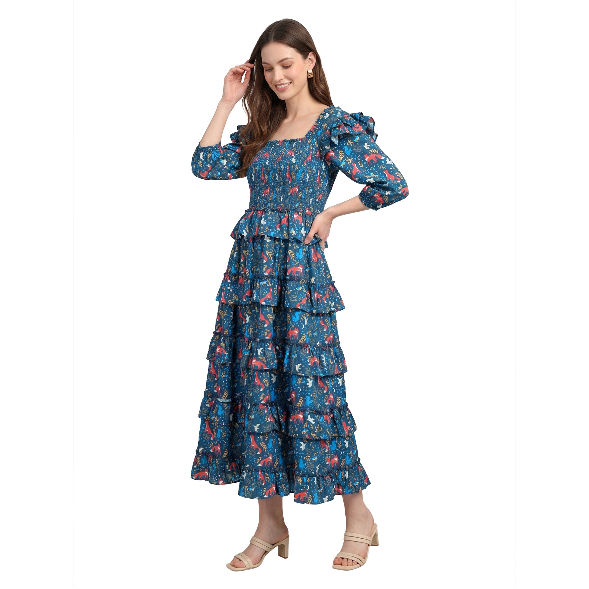 Midnight Woodland 
Smocked Midi Dress”