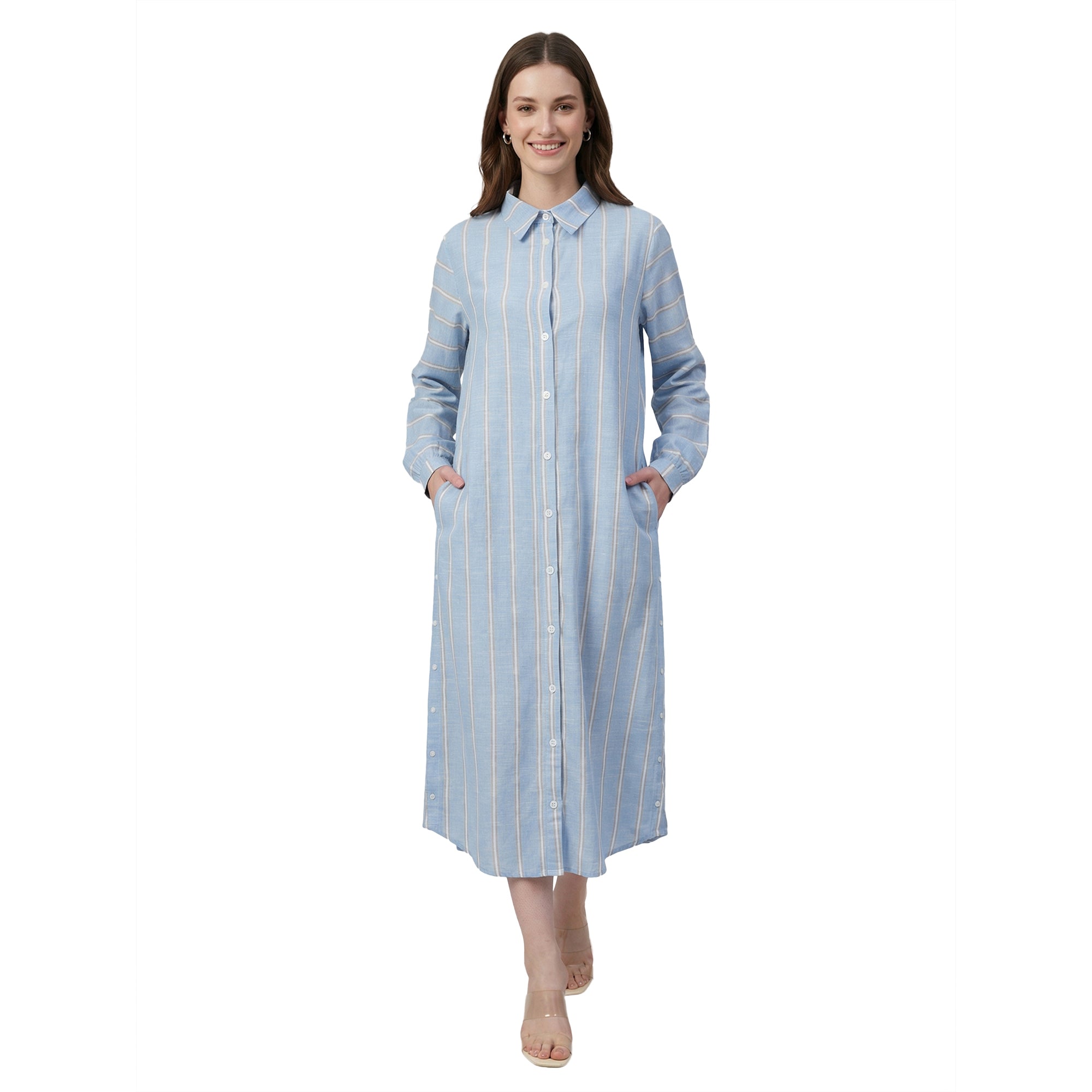 Blue Stripe Shirt Midi Dress
