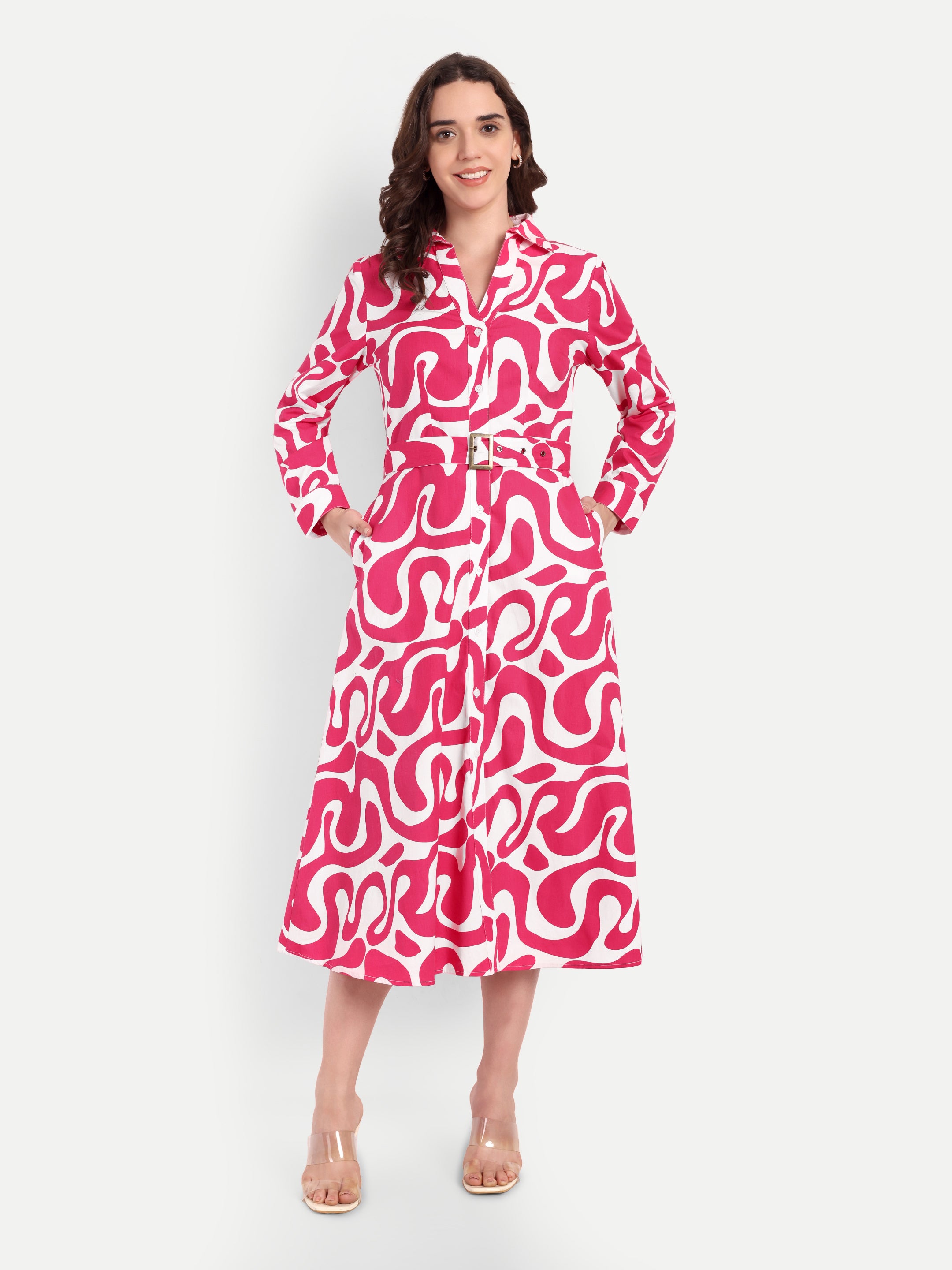 Pink Swirl Belted Shirt Dress