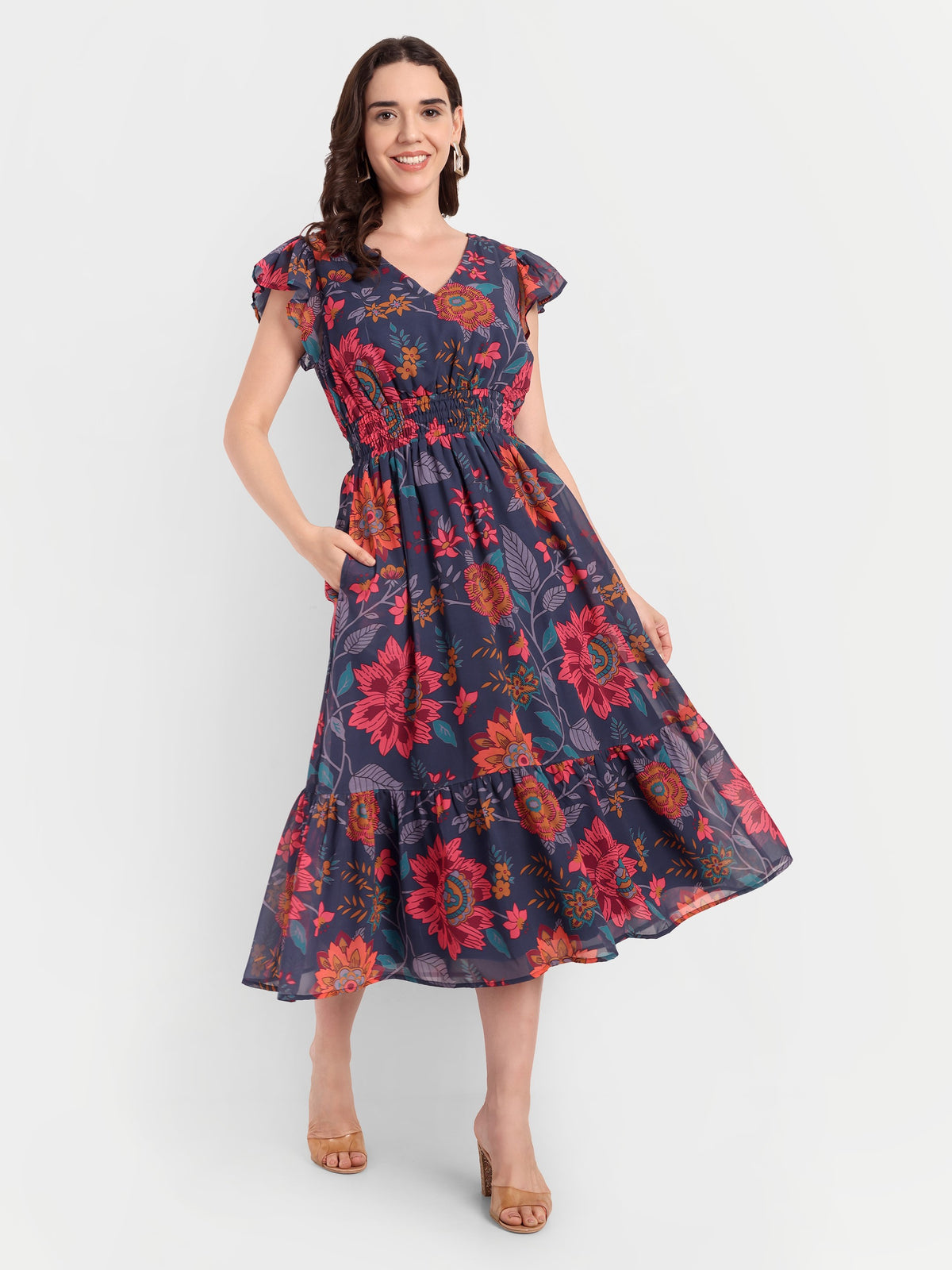 georgette smocked midi dress in backyard blooms Madewell georgette smocked-neck midi