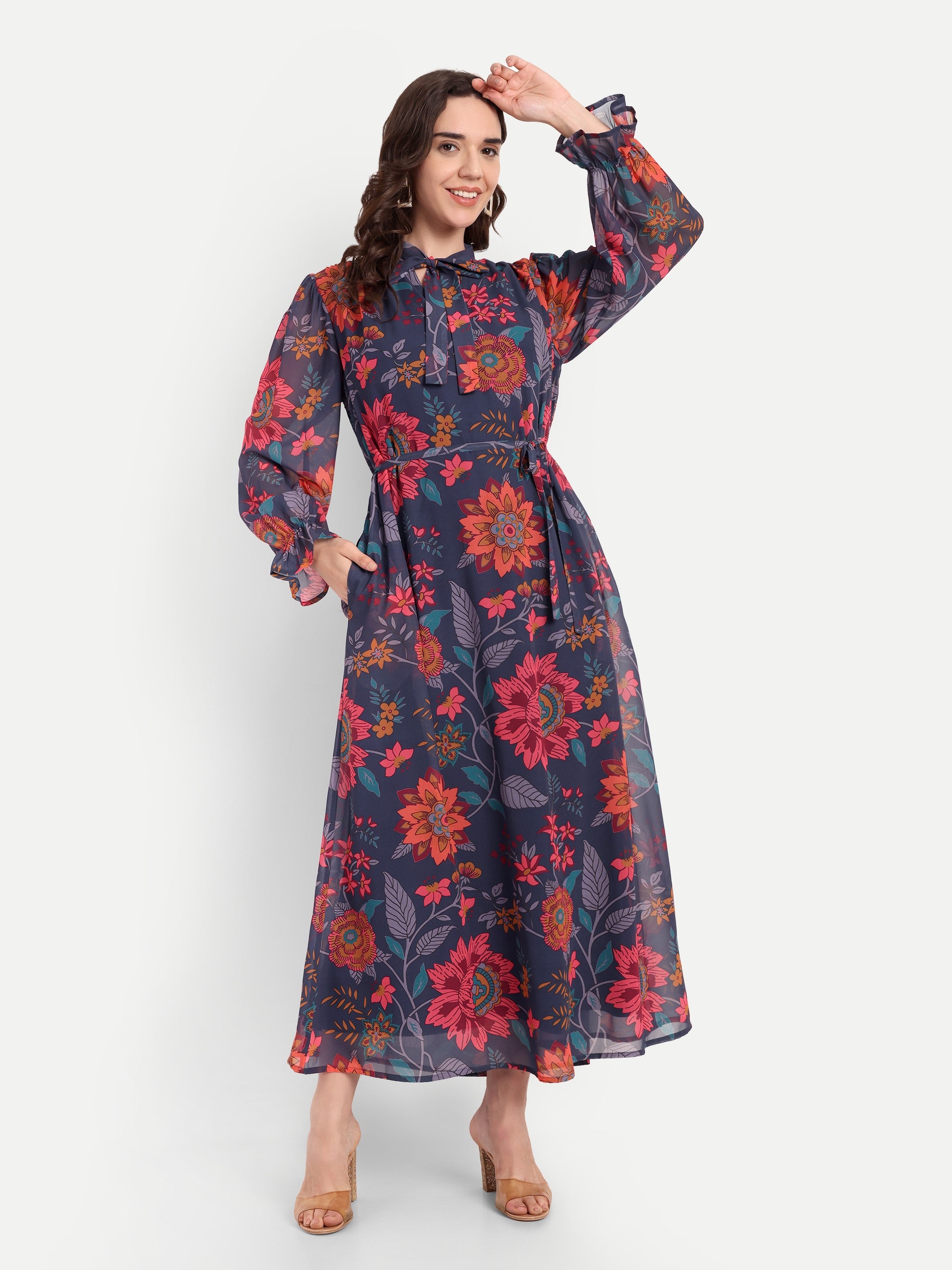 Midnight Bloom Tie-Neck Maxi Dress