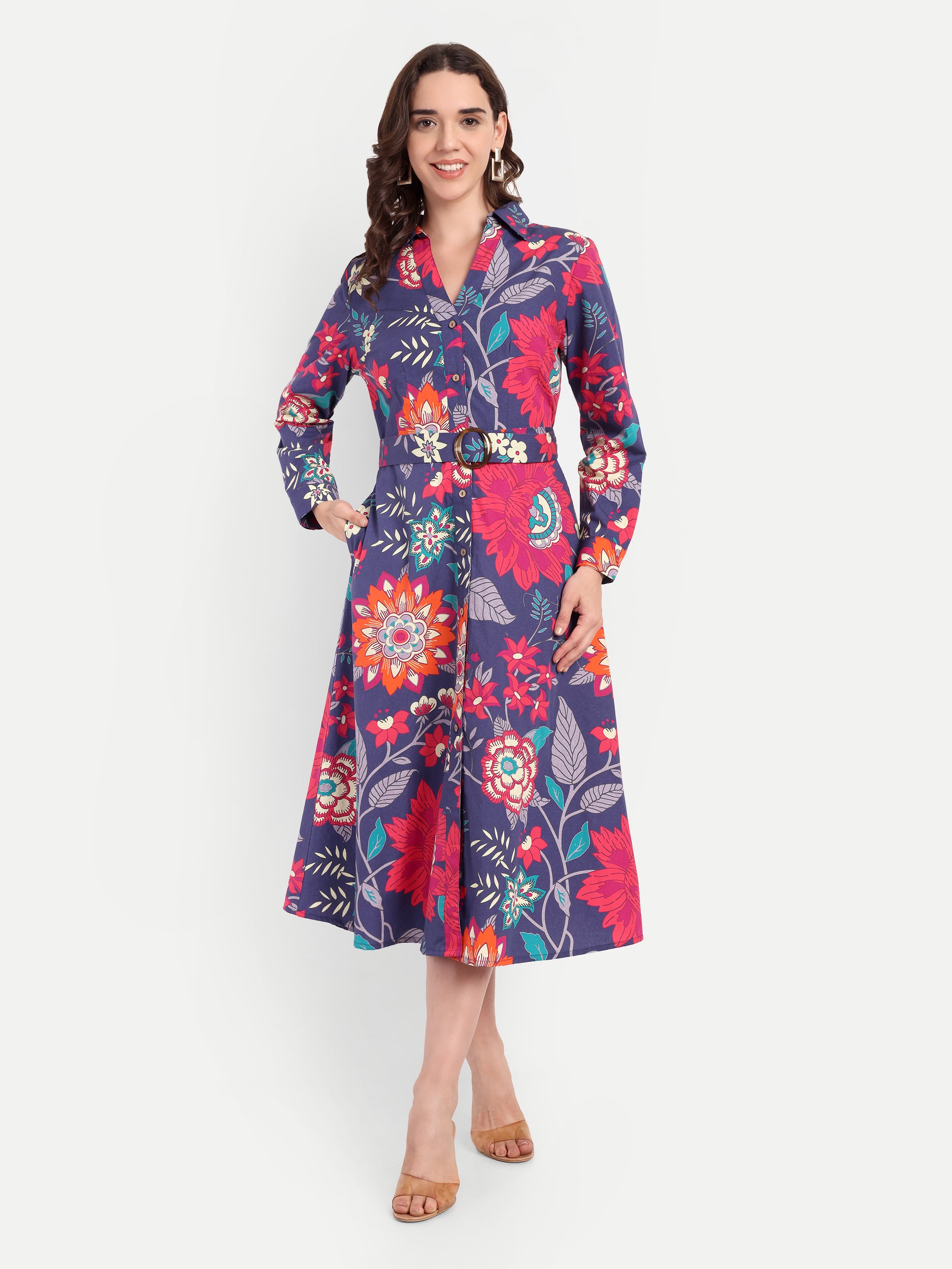 Midnight Bloom Belted Shirt Dress