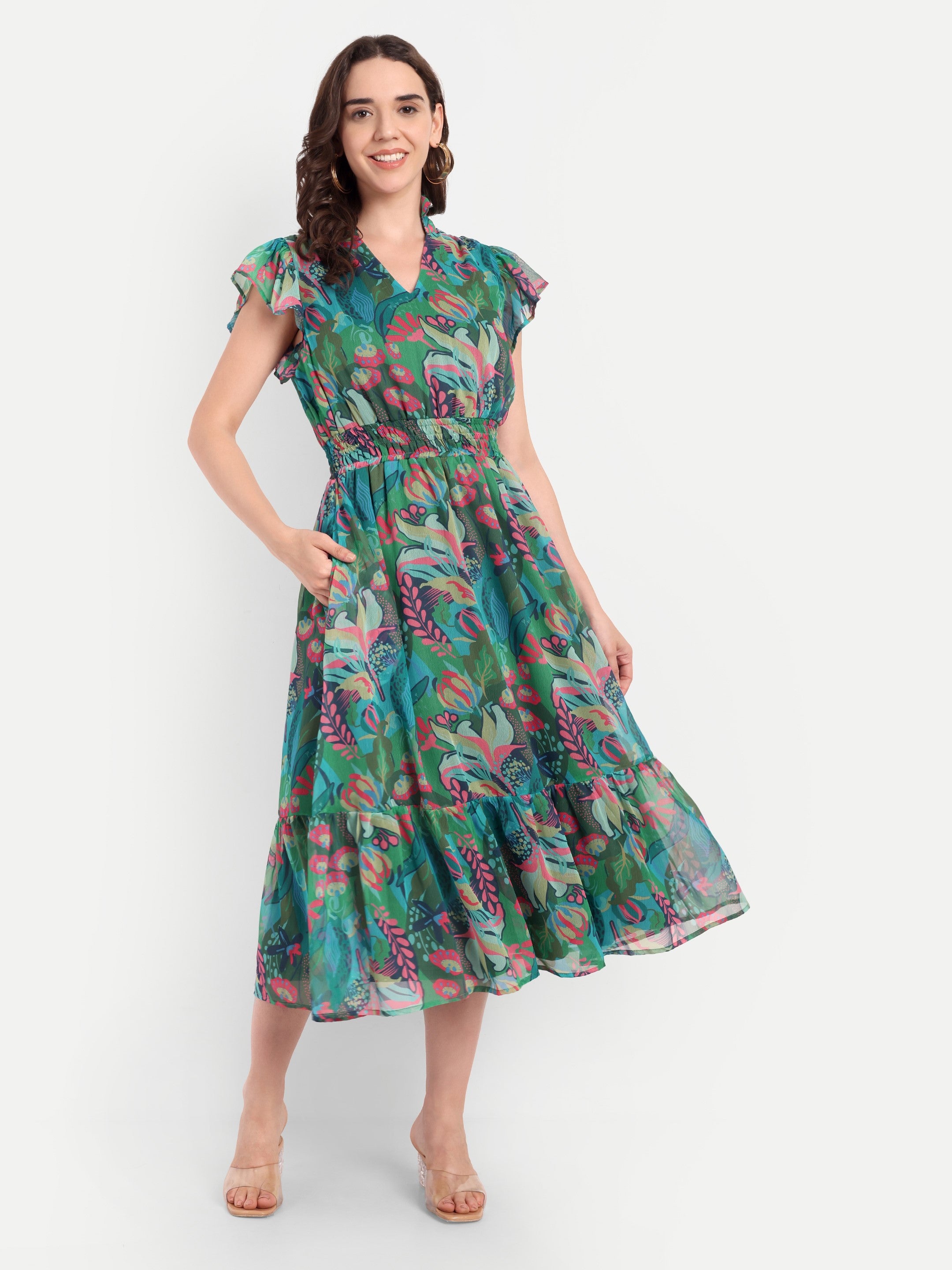 Tropical Garden Smocked Midi Dress