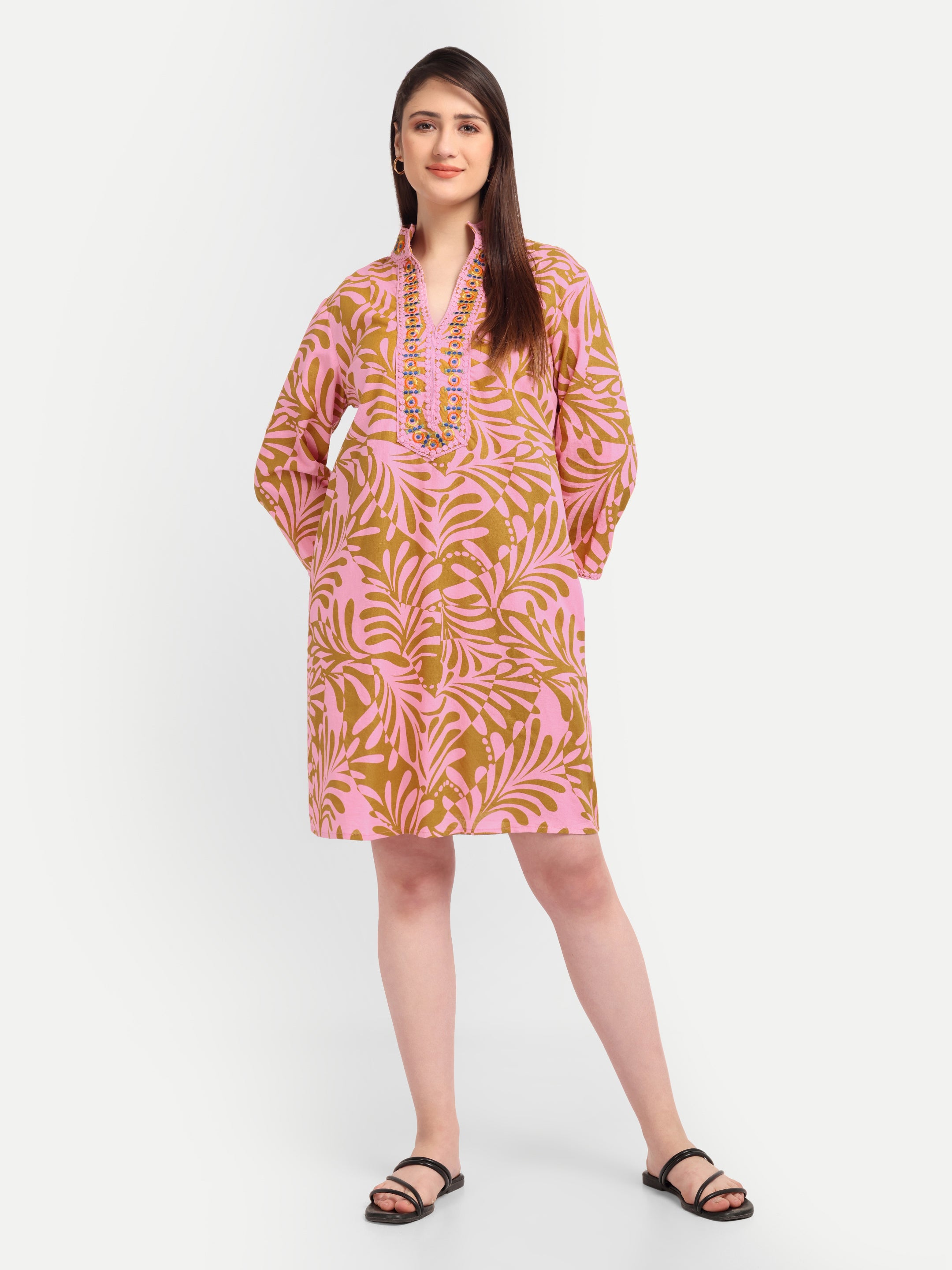 Pink Palm-Print 
Embroidered Dress