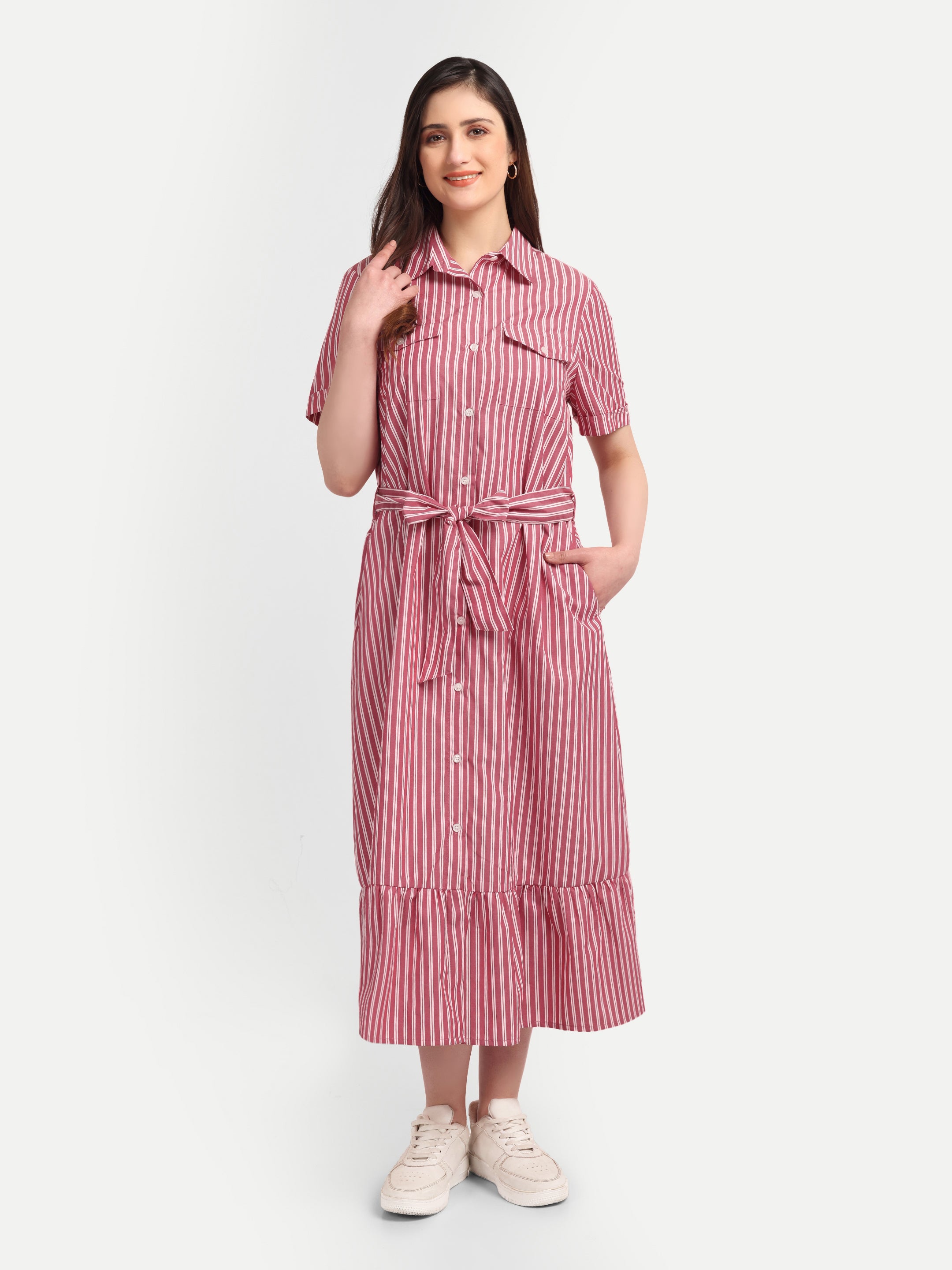 Classic Striped Shirt 
Midi Dress with Tie Belt