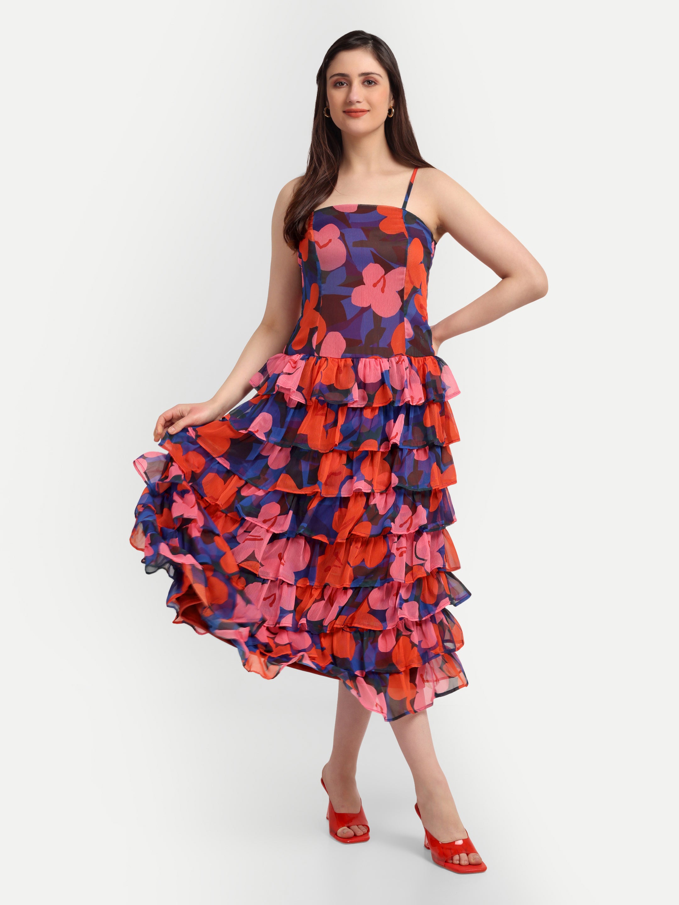 Scarlet Bloom Cascade Dress