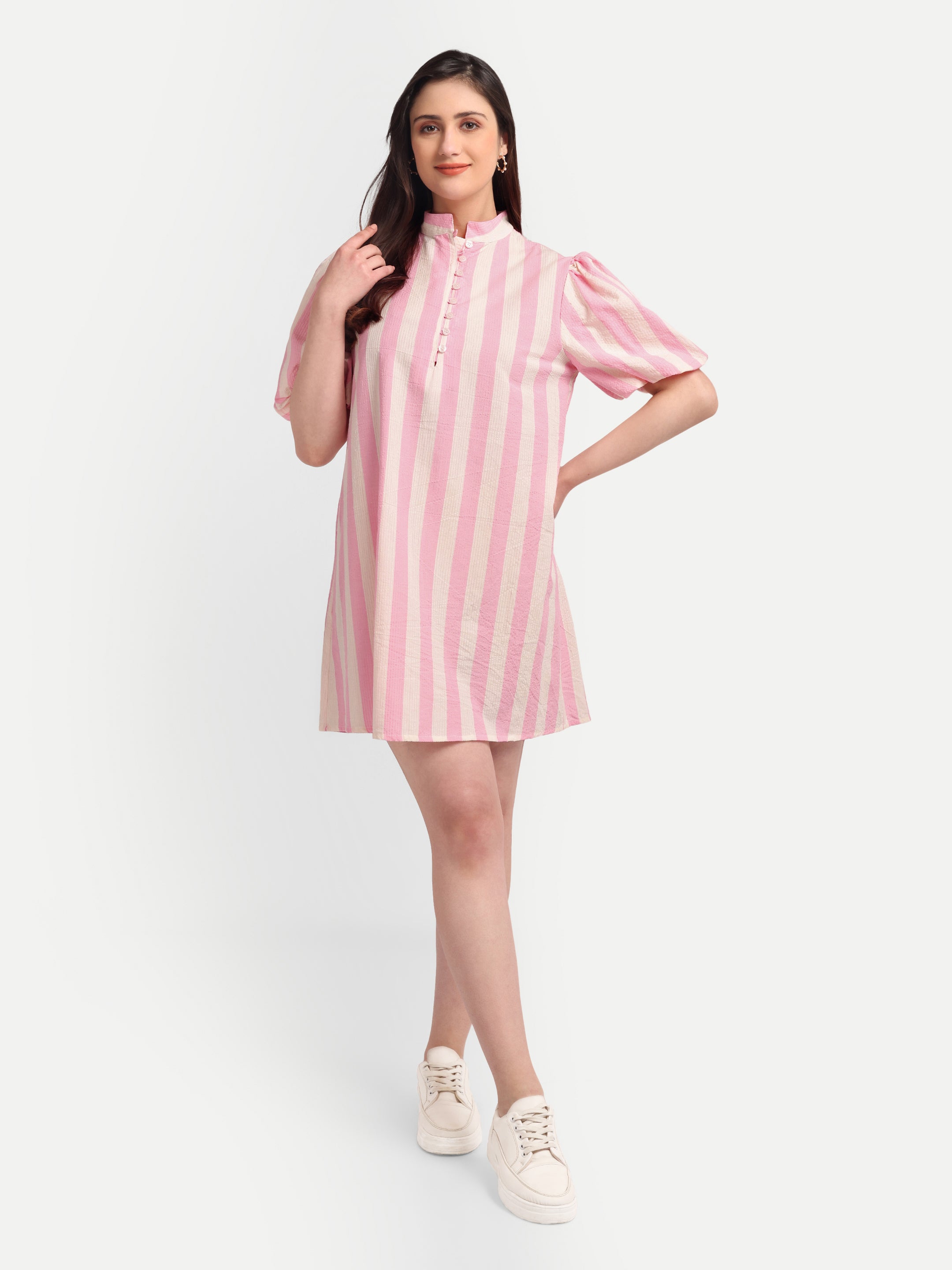 Pastel Stripe Puff-Sleeve
Shift Dress