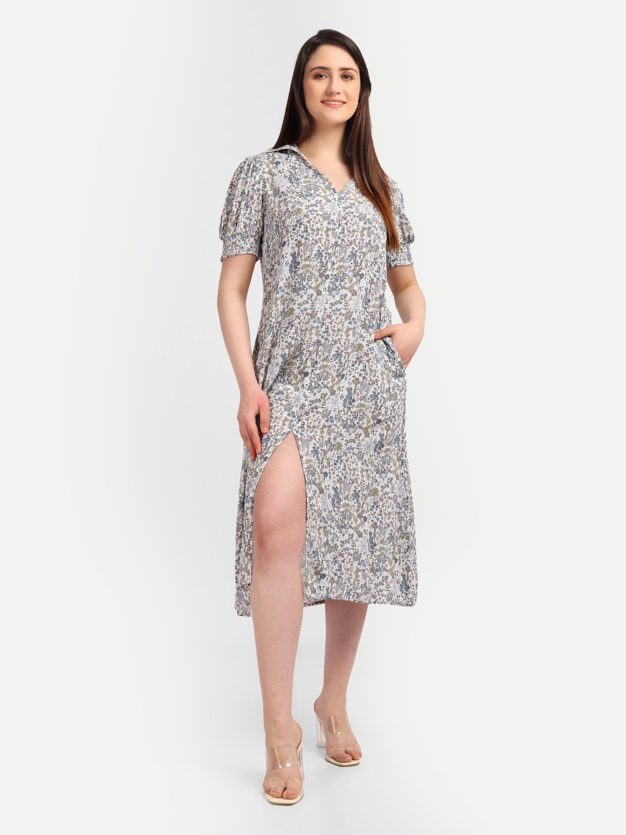 Floral Puff-Sleeve 
Shirt Dress