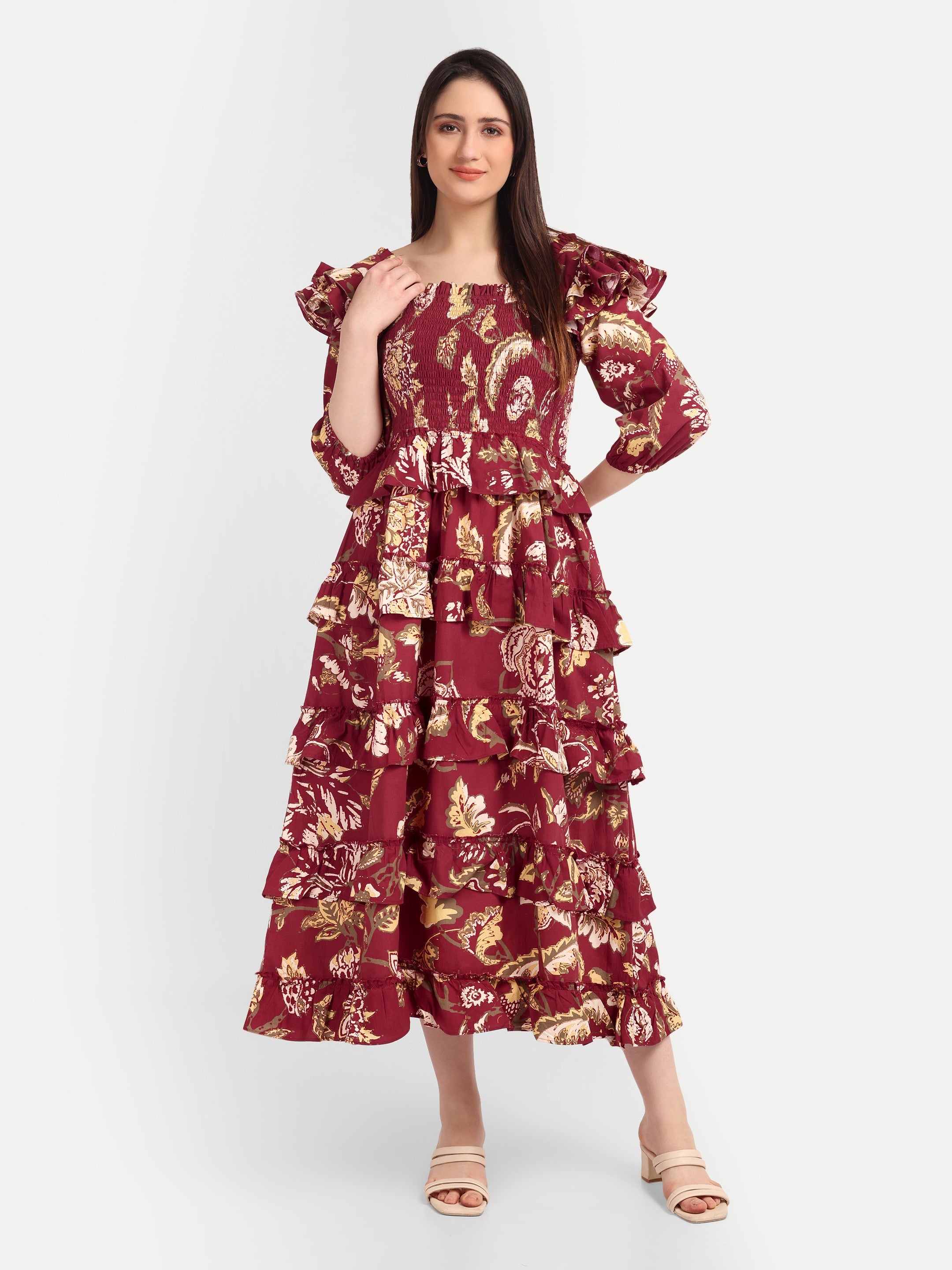 Burgundy Bloom Tiered Midi Dress
