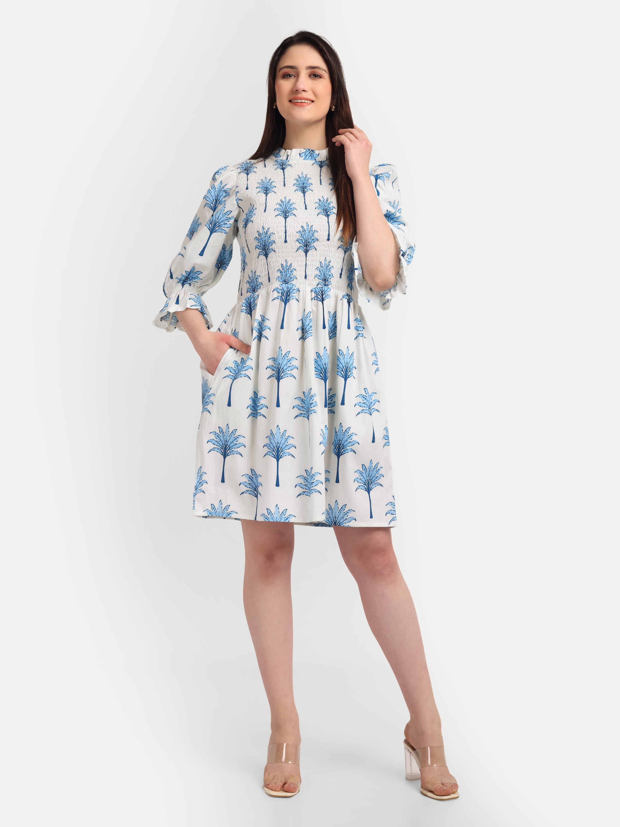 Blue Palm Smocked 
Midi Dress