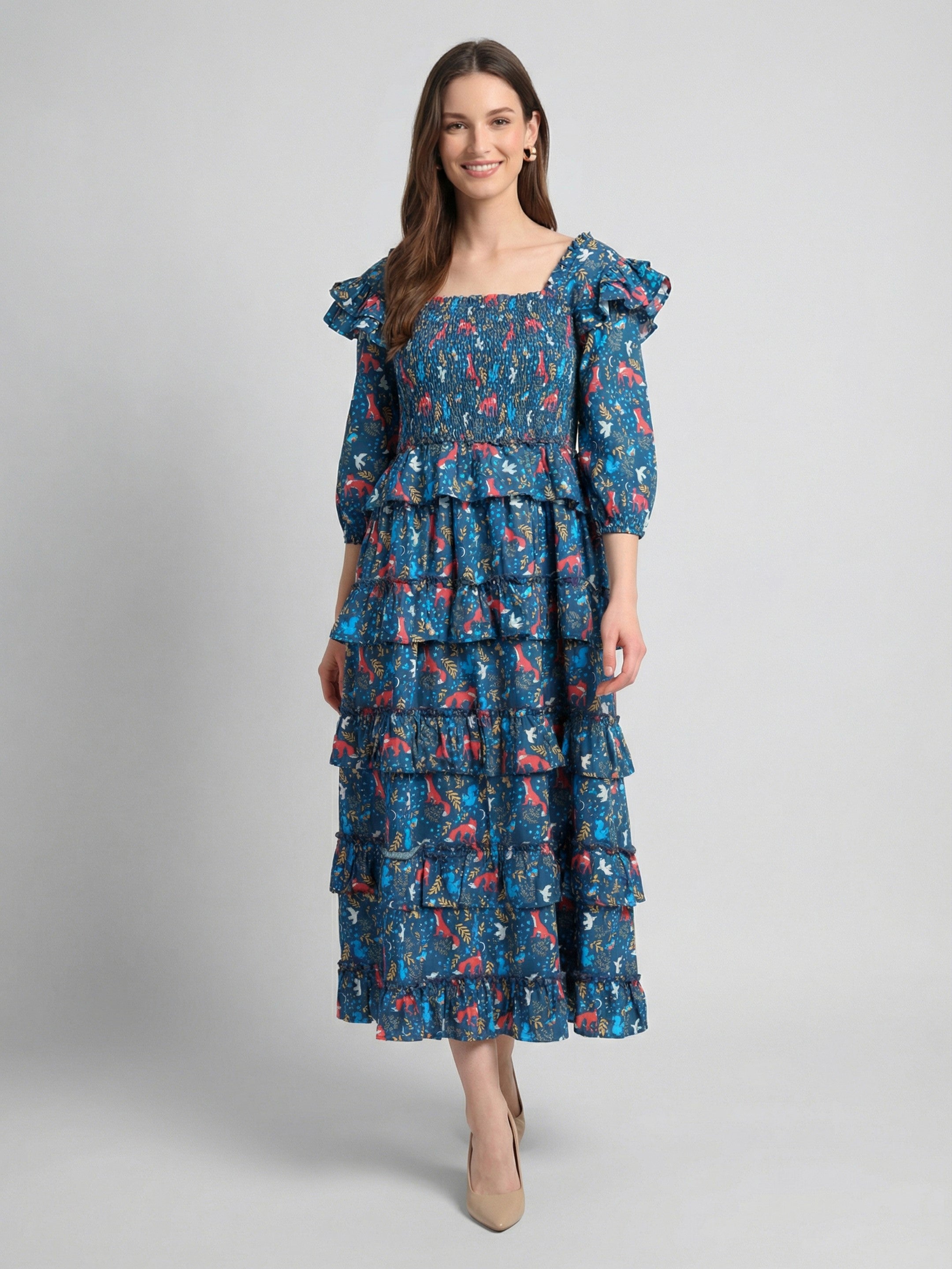 Midnight Woodland 
Smocked Midi Dress”