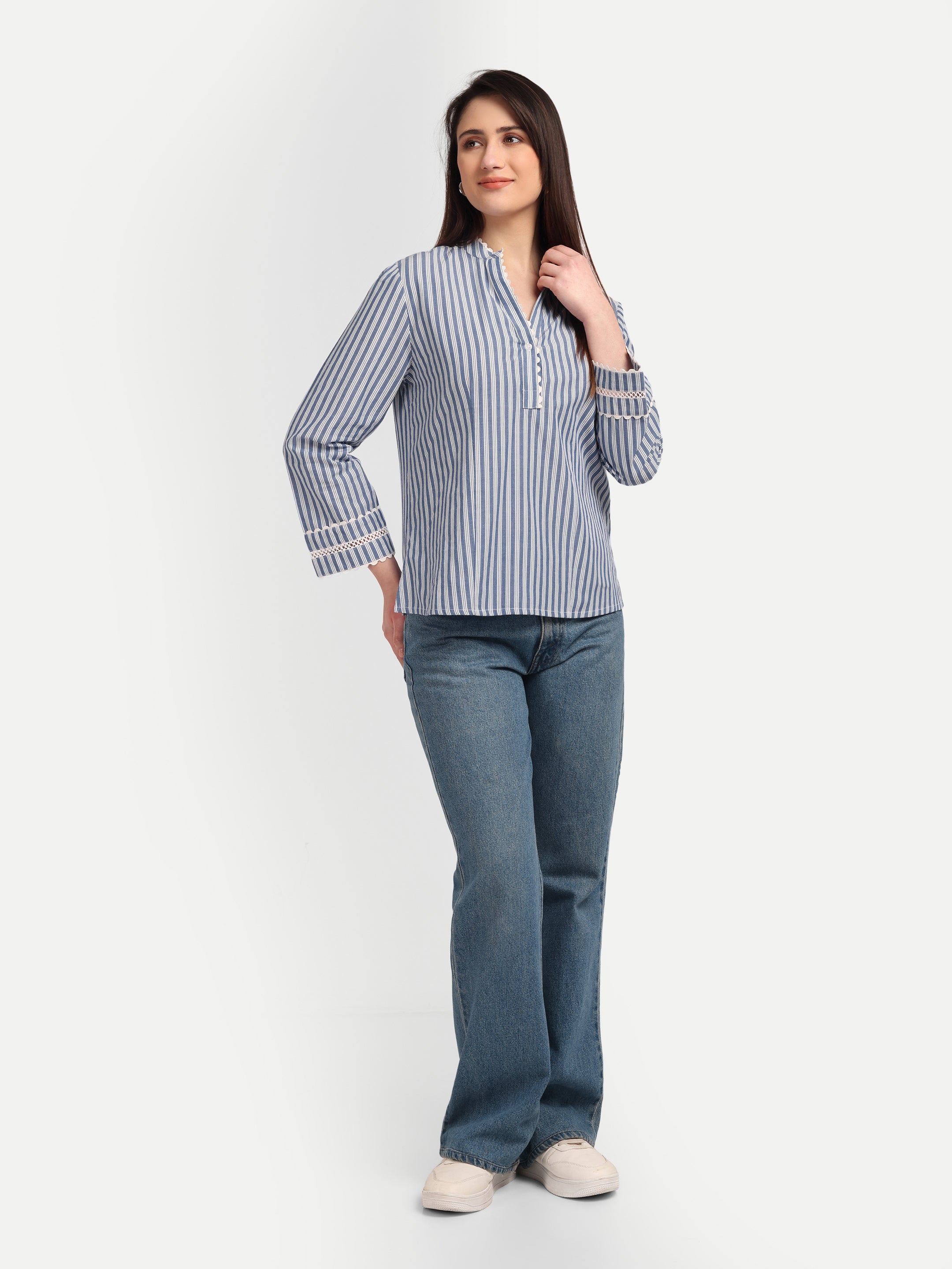 Blue Pinstripe Lace Detail Top