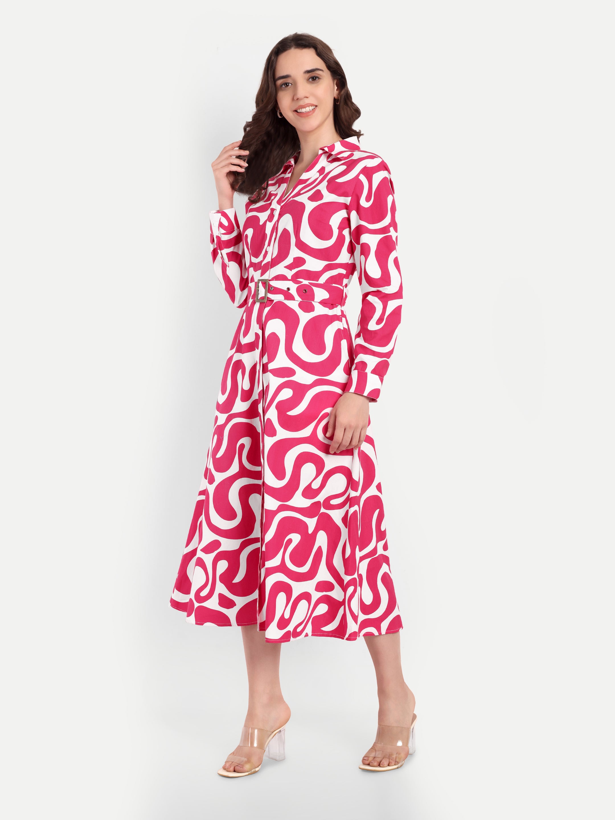 Pink Swirl Belted Shirt Dress