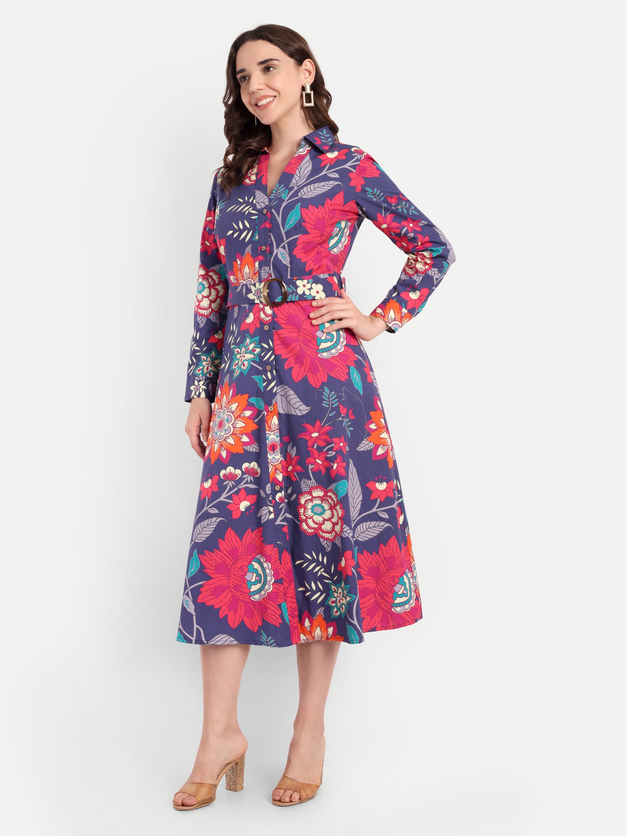 Midnight Bloom Belted Shirt Dress