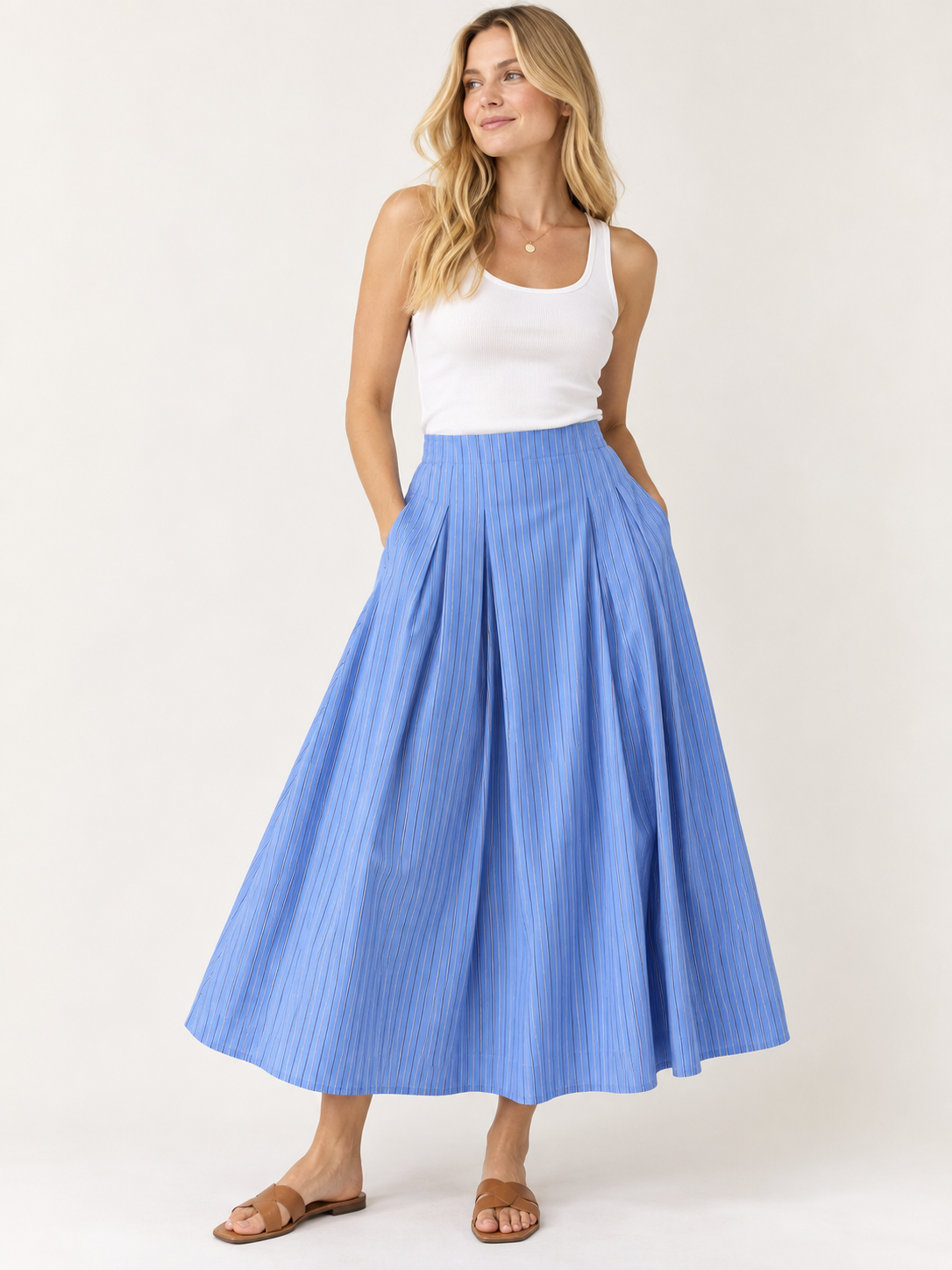 Blue Pinstripe Pleated Maxi Skirt