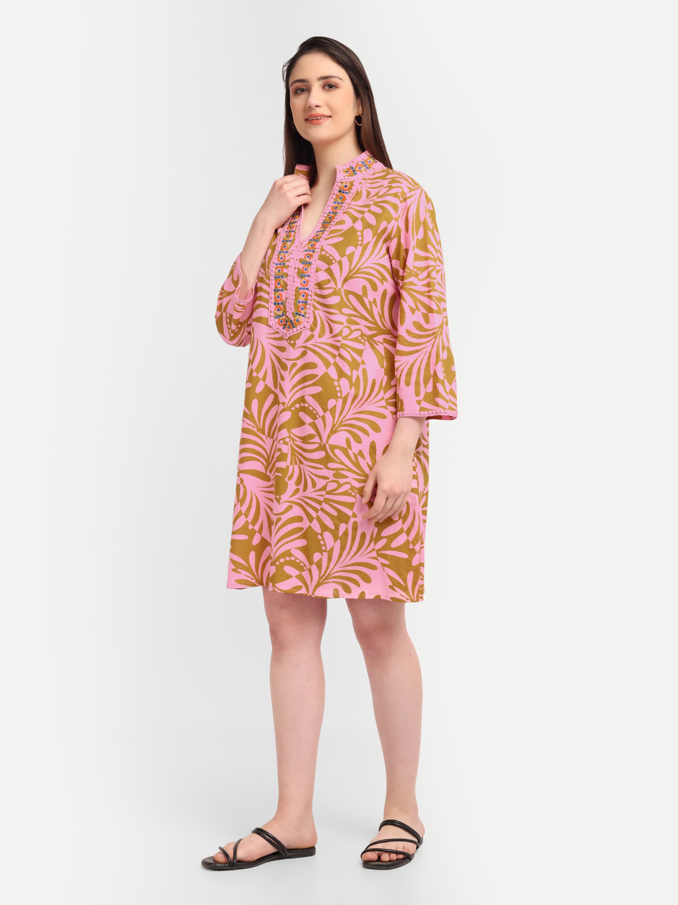 Pink Palm-Print 
Embroidered Dress