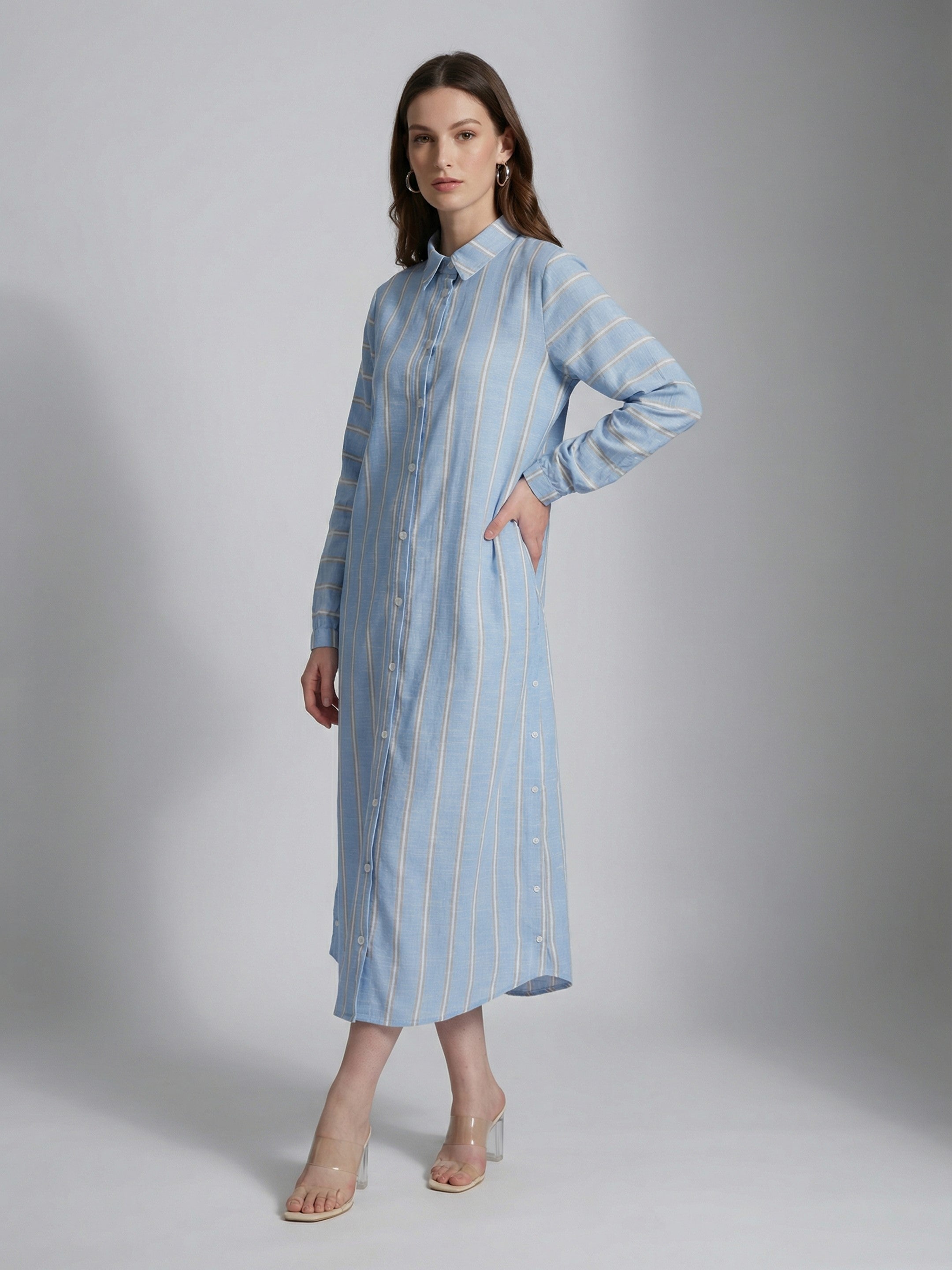 Blue Stripe Shirt Midi Dress