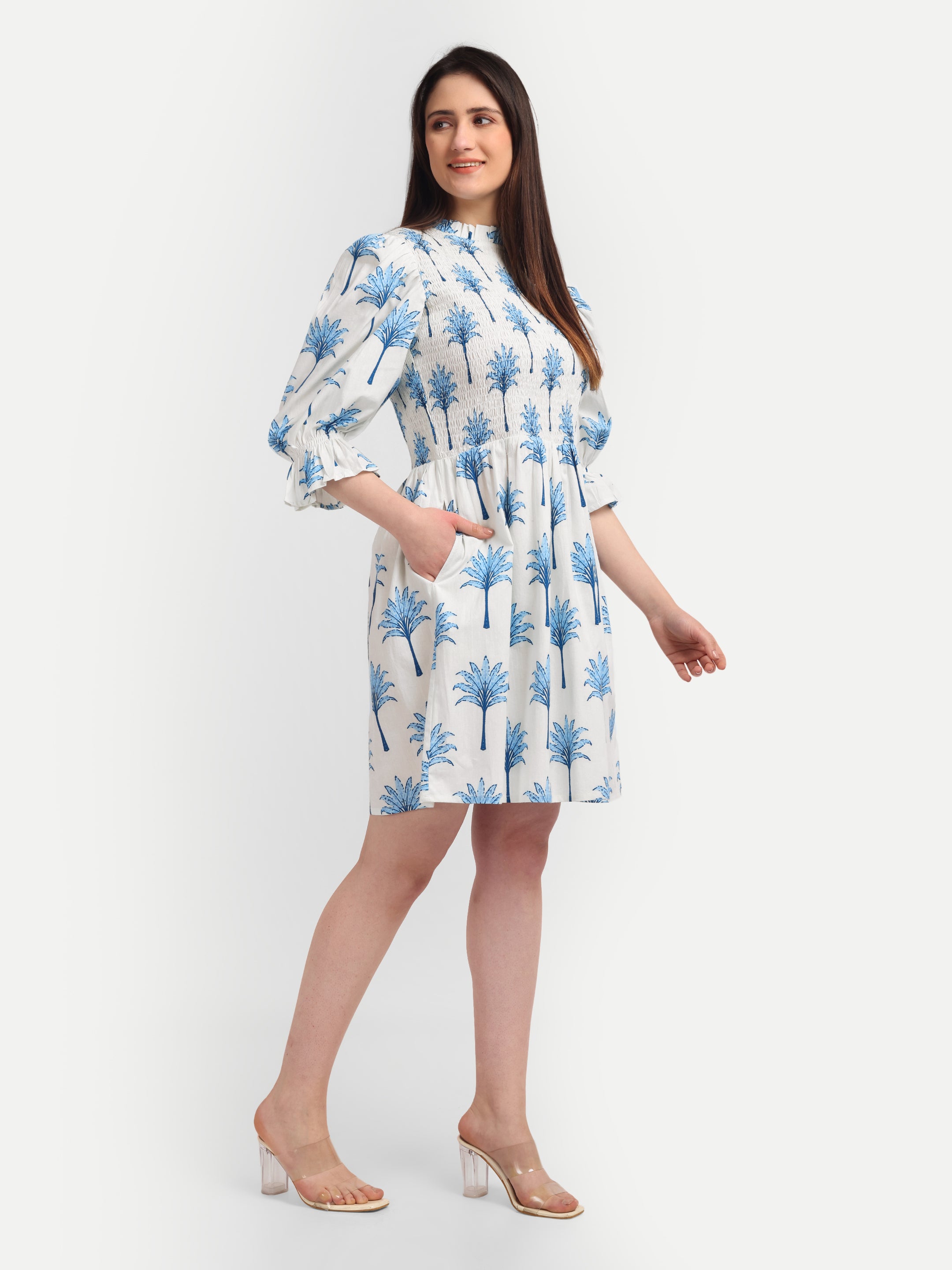 Blue Palm Smocked 
Midi Dress