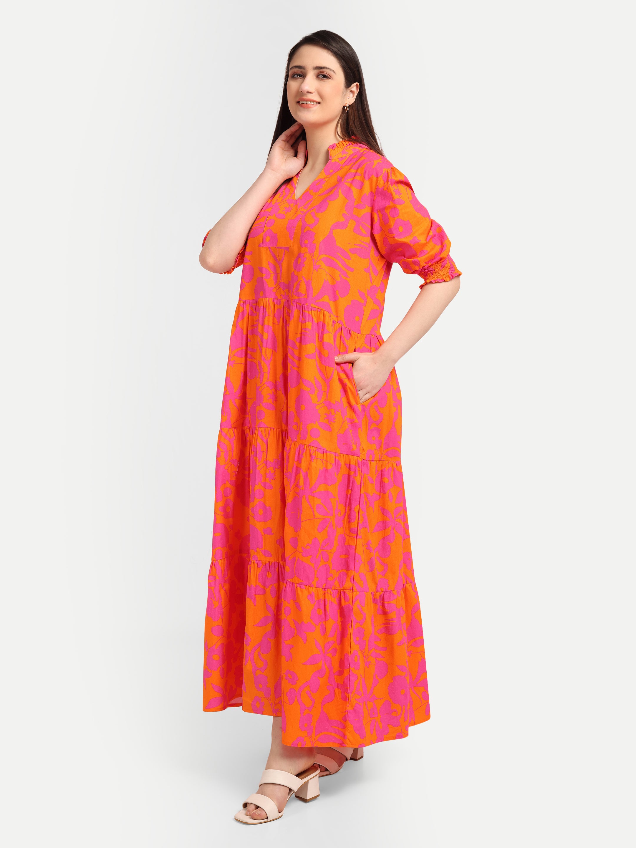 Sunset Bloom Tiered
Midi Dress