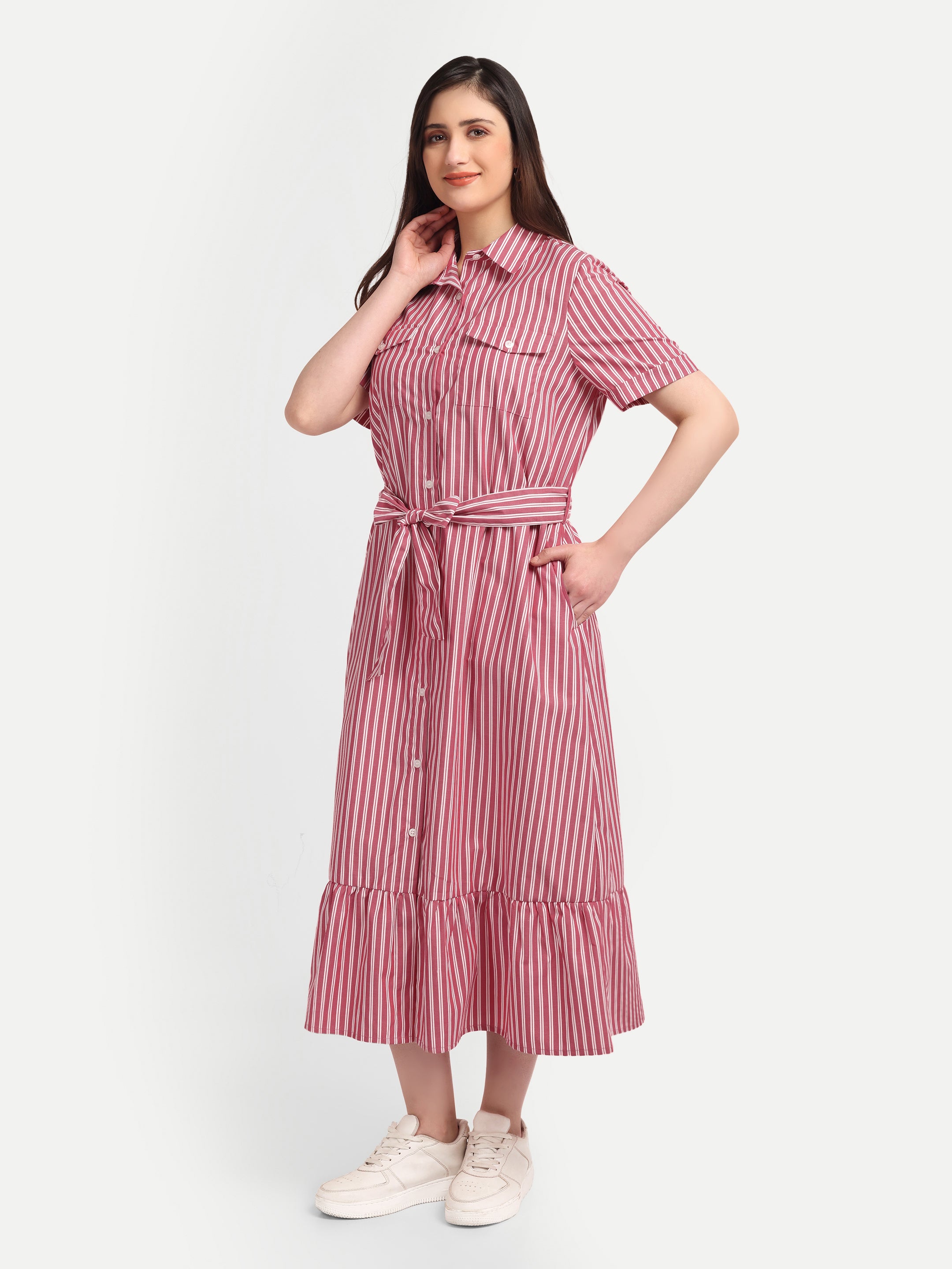 Classic Striped Shirt 
Midi Dress with Tie Belt