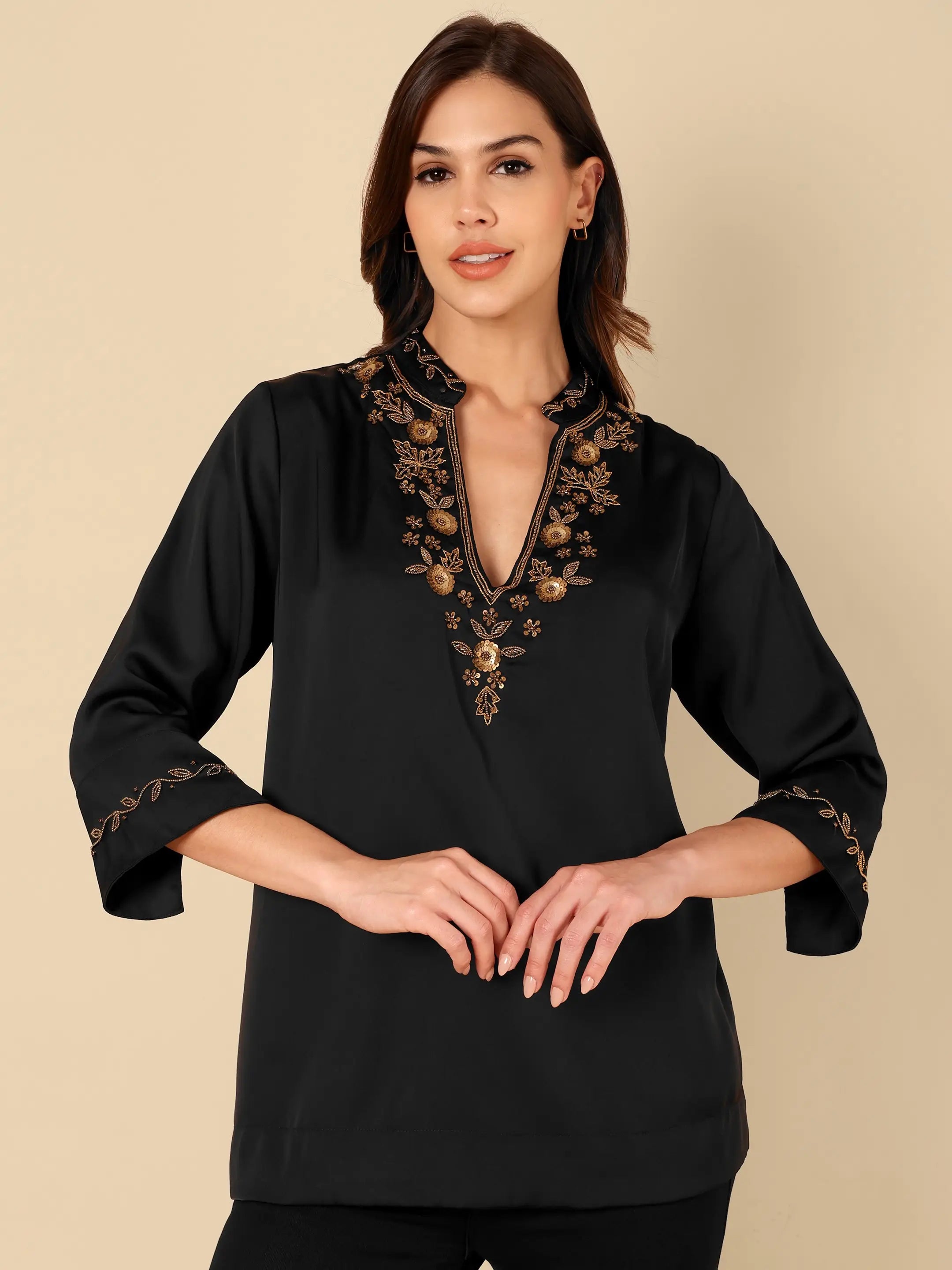 Black Poly Satin Embroidered Top
