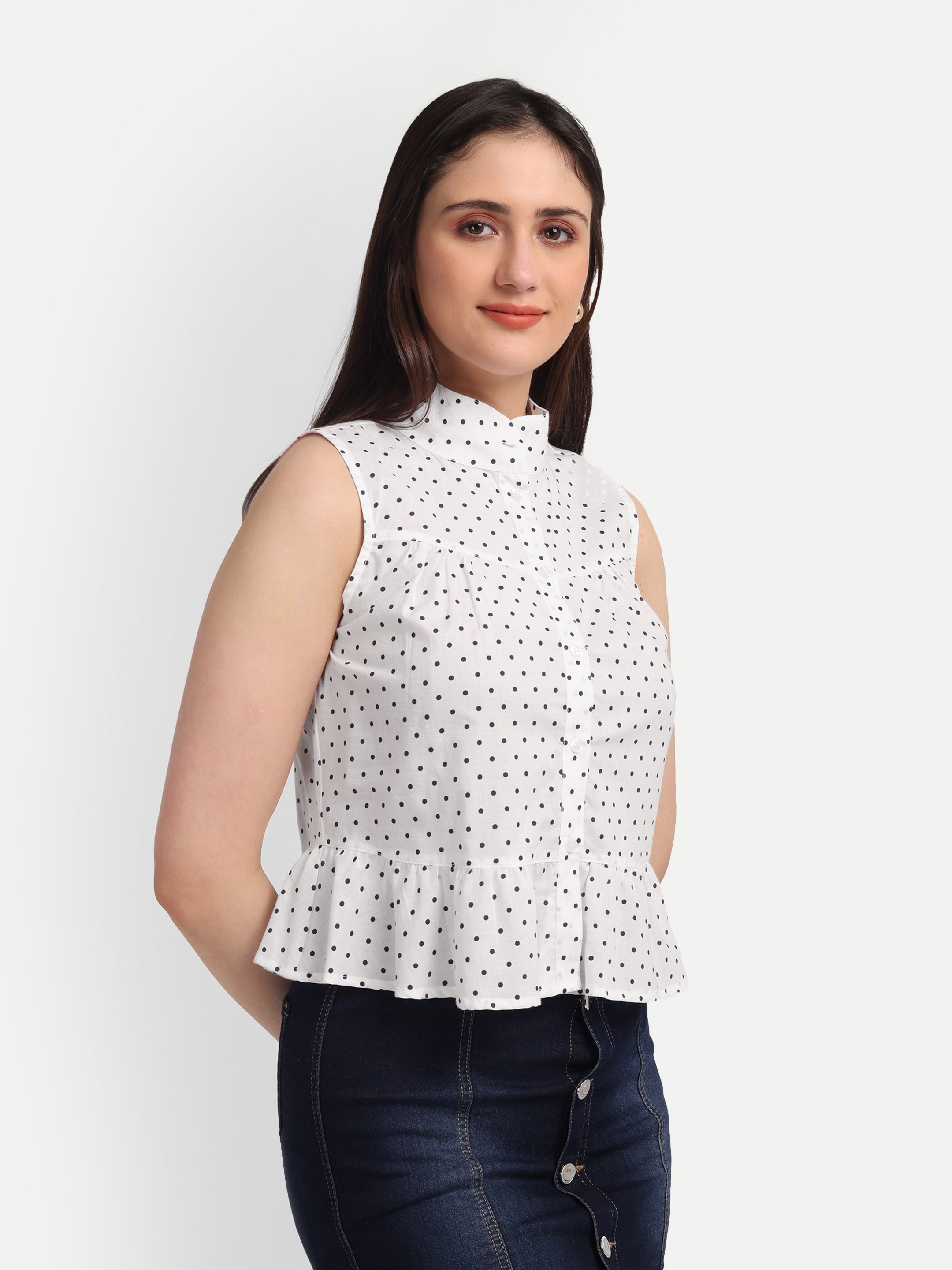 Polka Dot Peplum 
Sleeveless Shirt