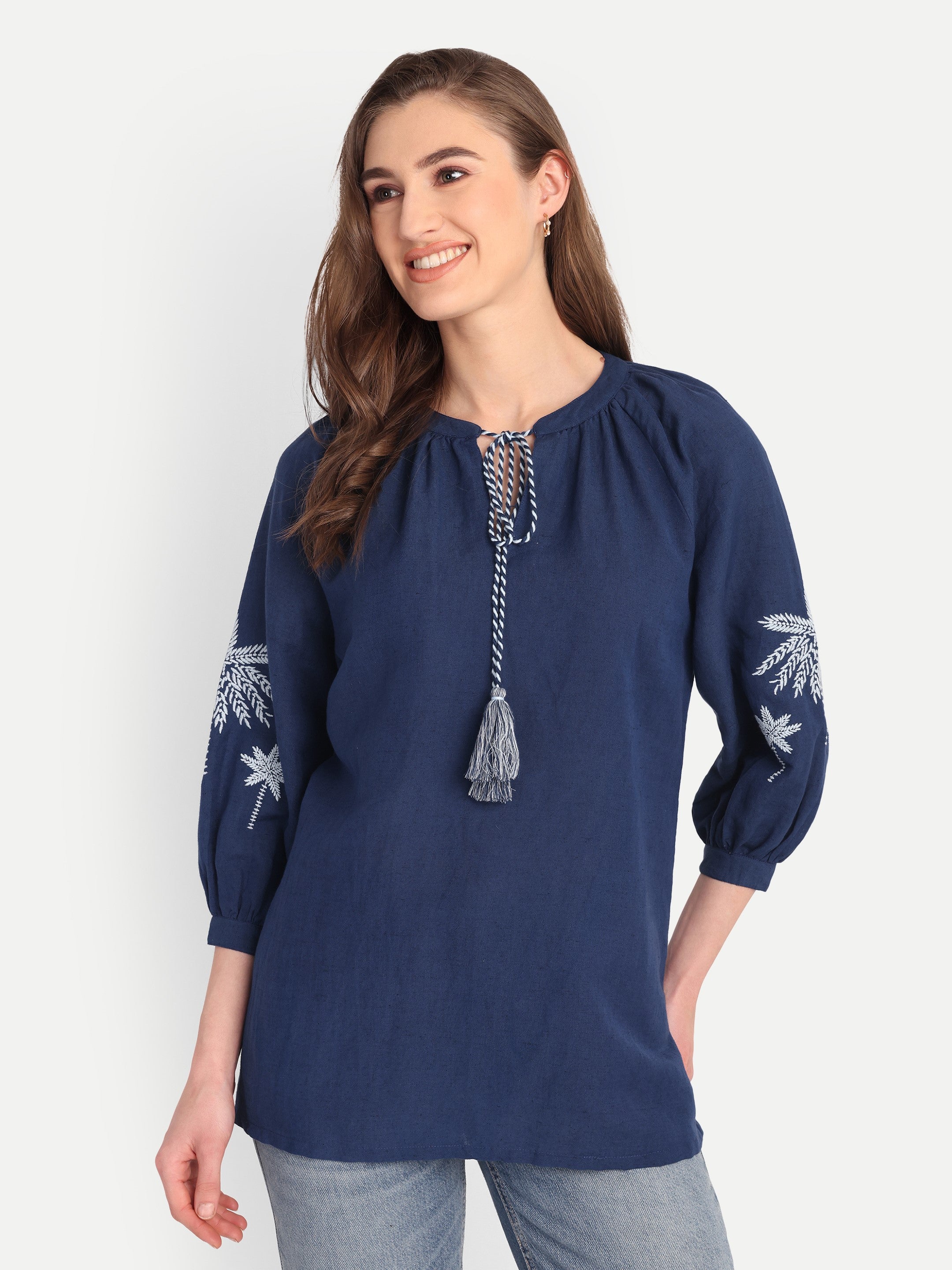 Indigo Fern Embroidered Top