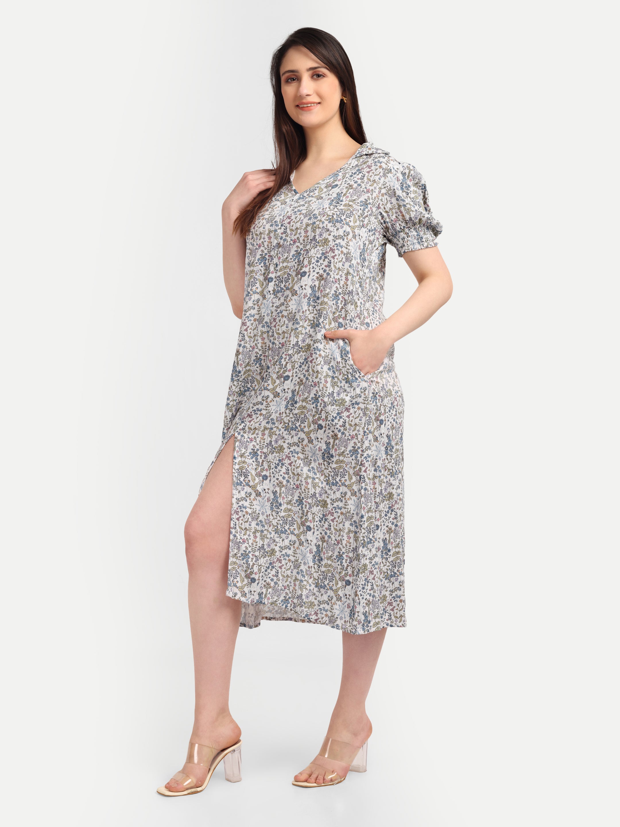 Floral Puff-Sleeve 
Shirt Dress
