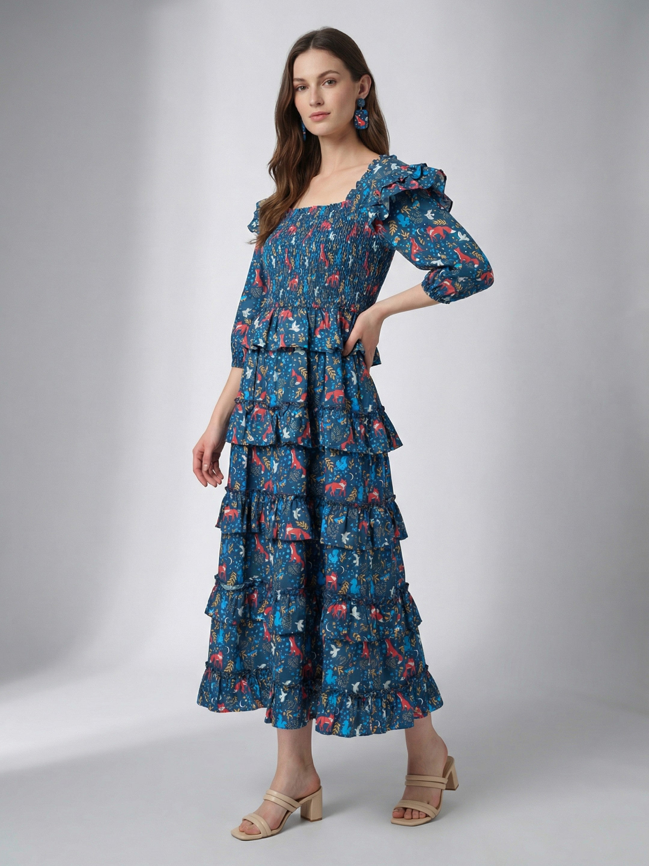Midnight Woodland 
Smocked Midi Dress”