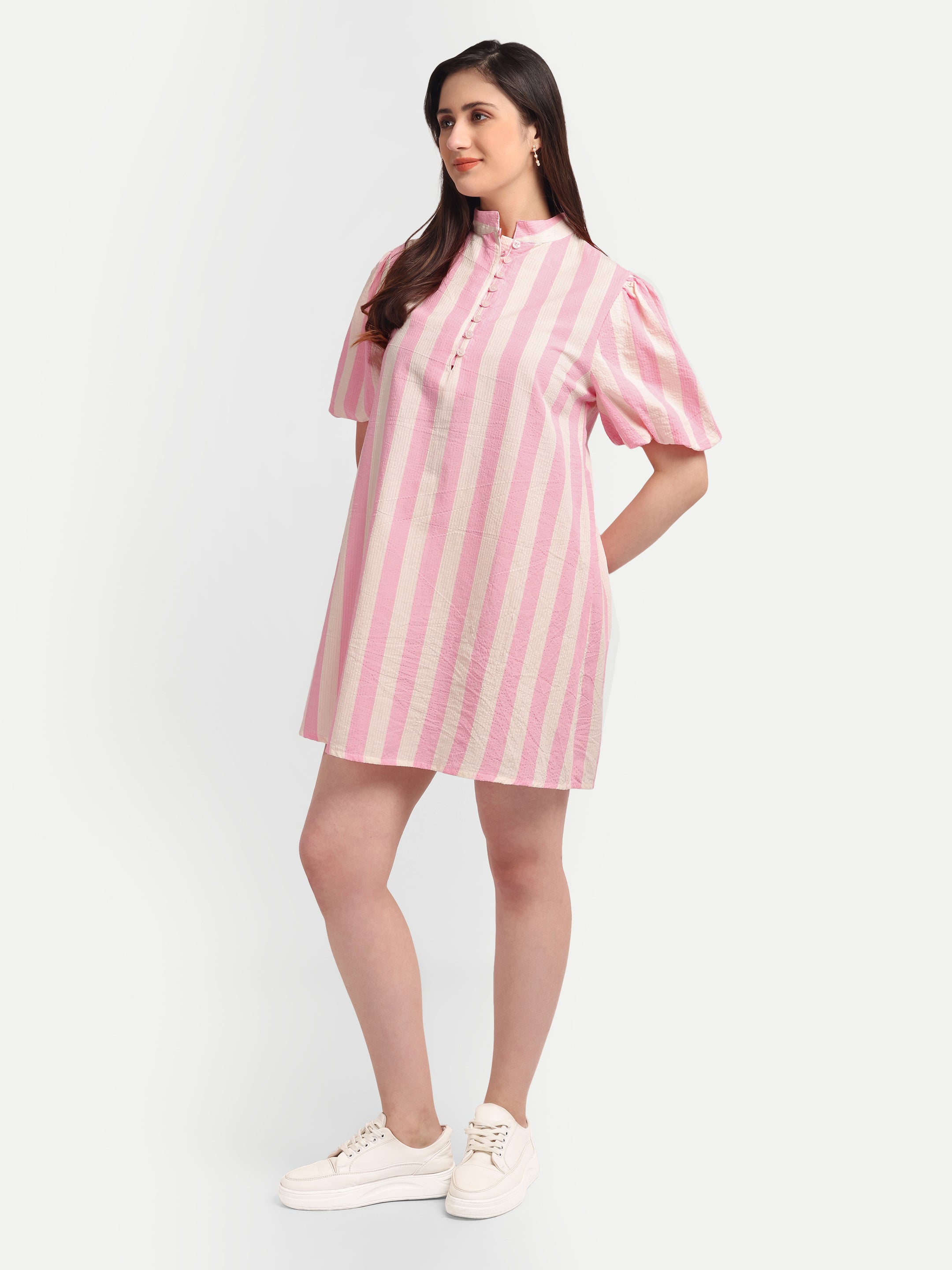 Pastel Stripe Puff-Sleeve
Shift Dress