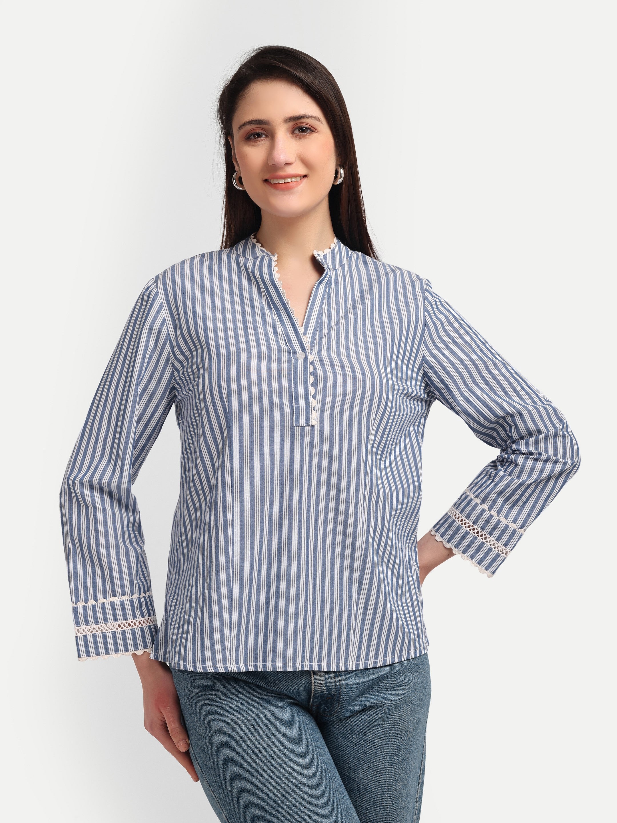 Blue Pinstripe Lace Detail Top