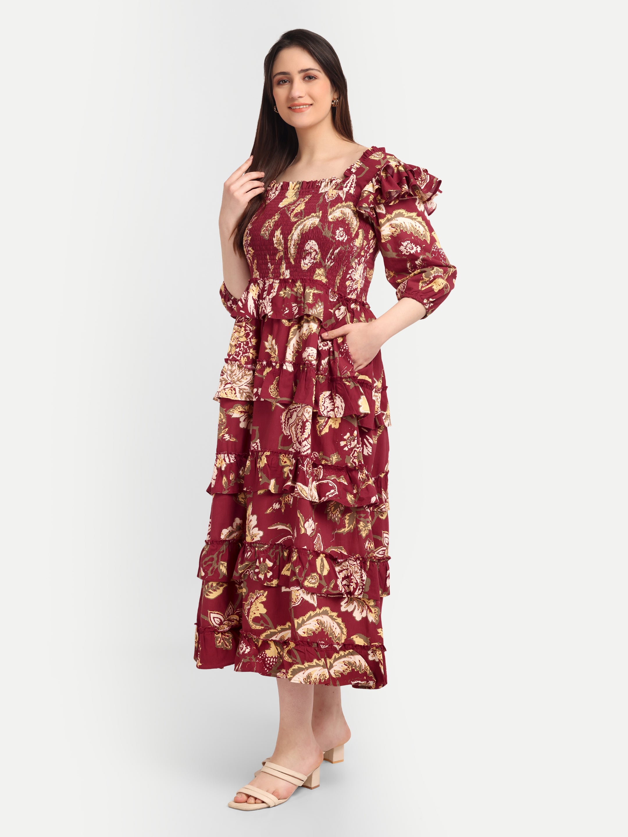 Burgundy Bloom Tiered Midi Dress