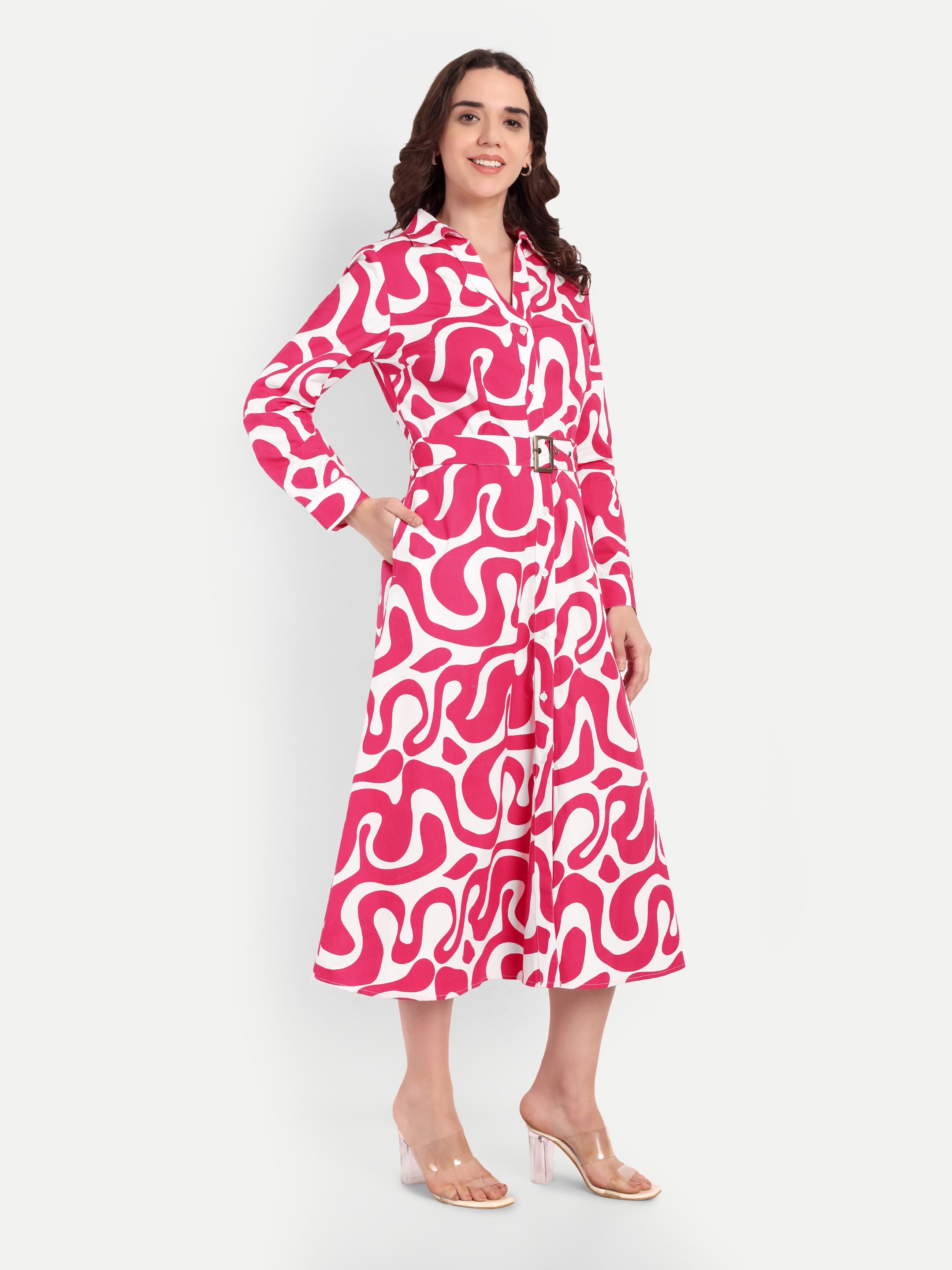 Pink Swirl Belted Shirt Dress