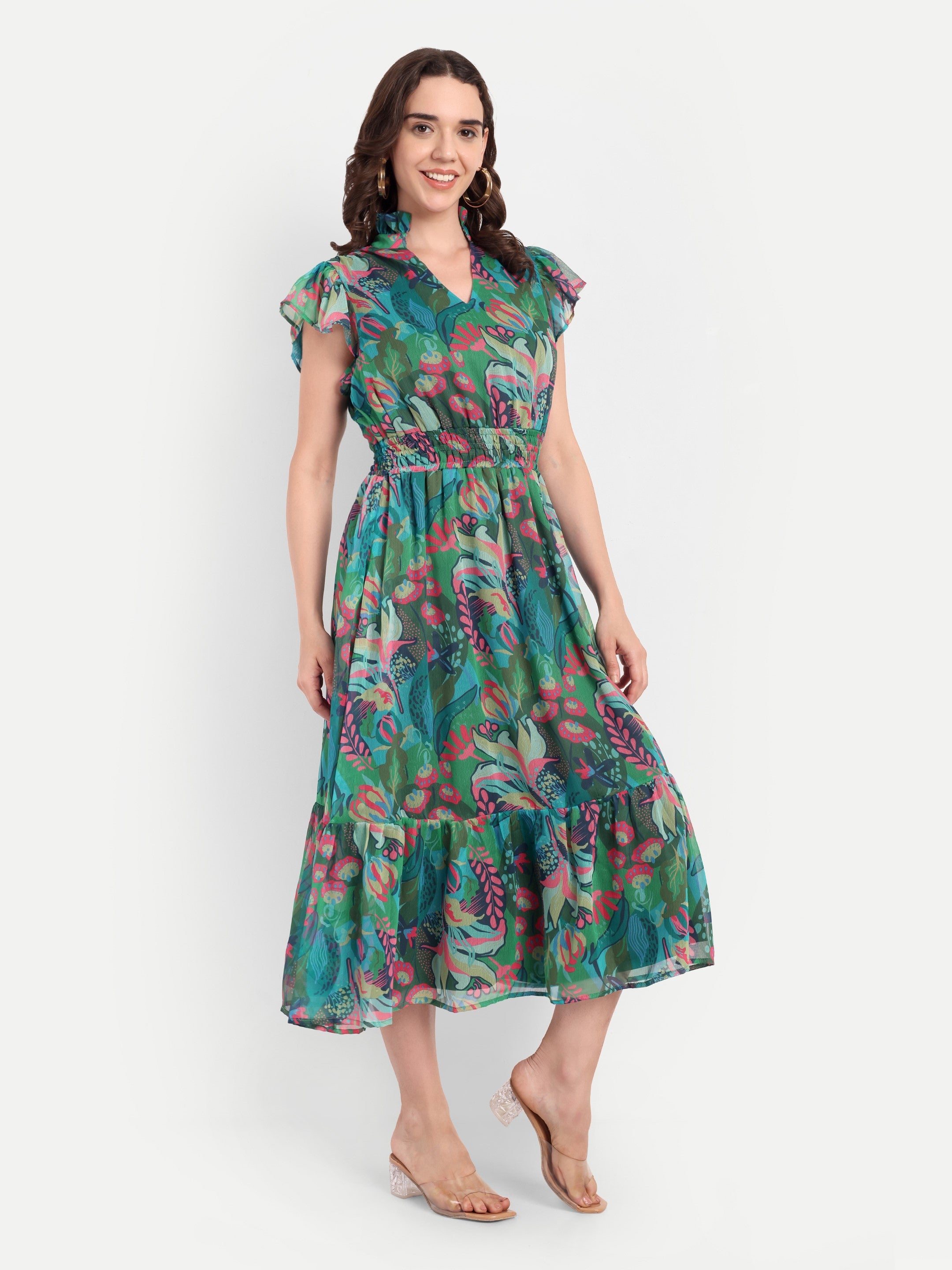 Tropical Garden Smocked Midi Dress