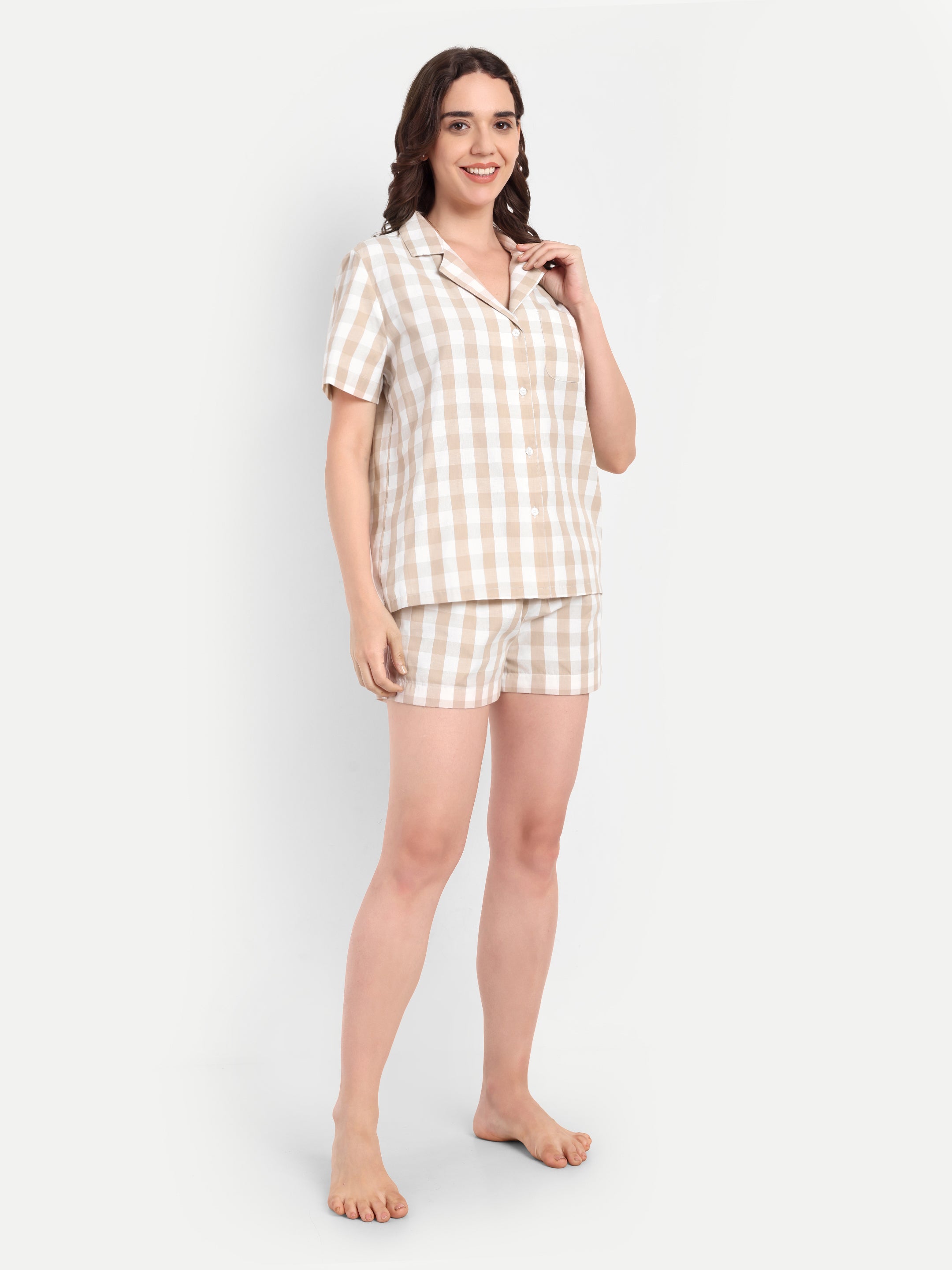 Beige Gingham Check Short Set