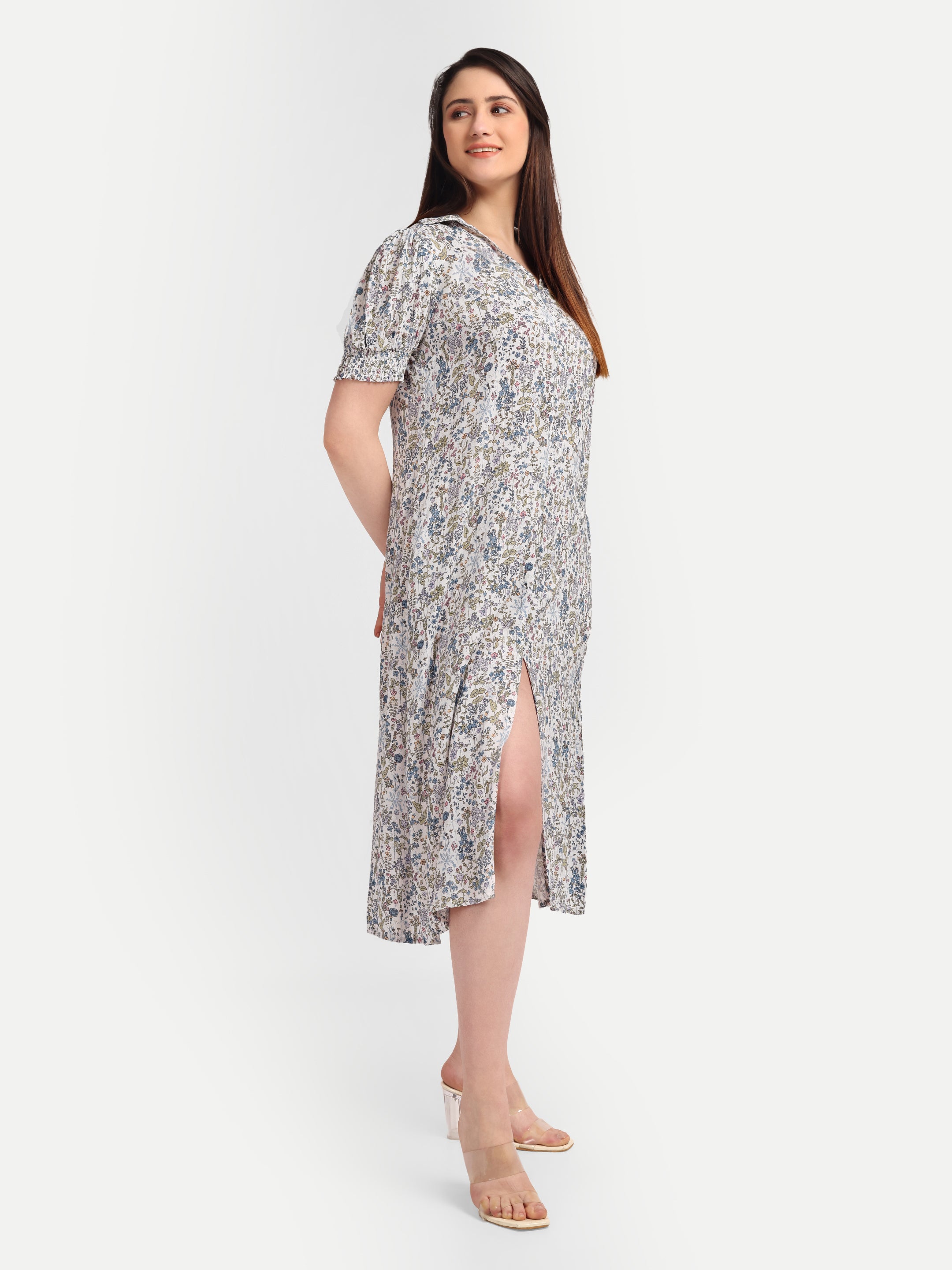Floral Puff-Sleeve 
Shirt Dress