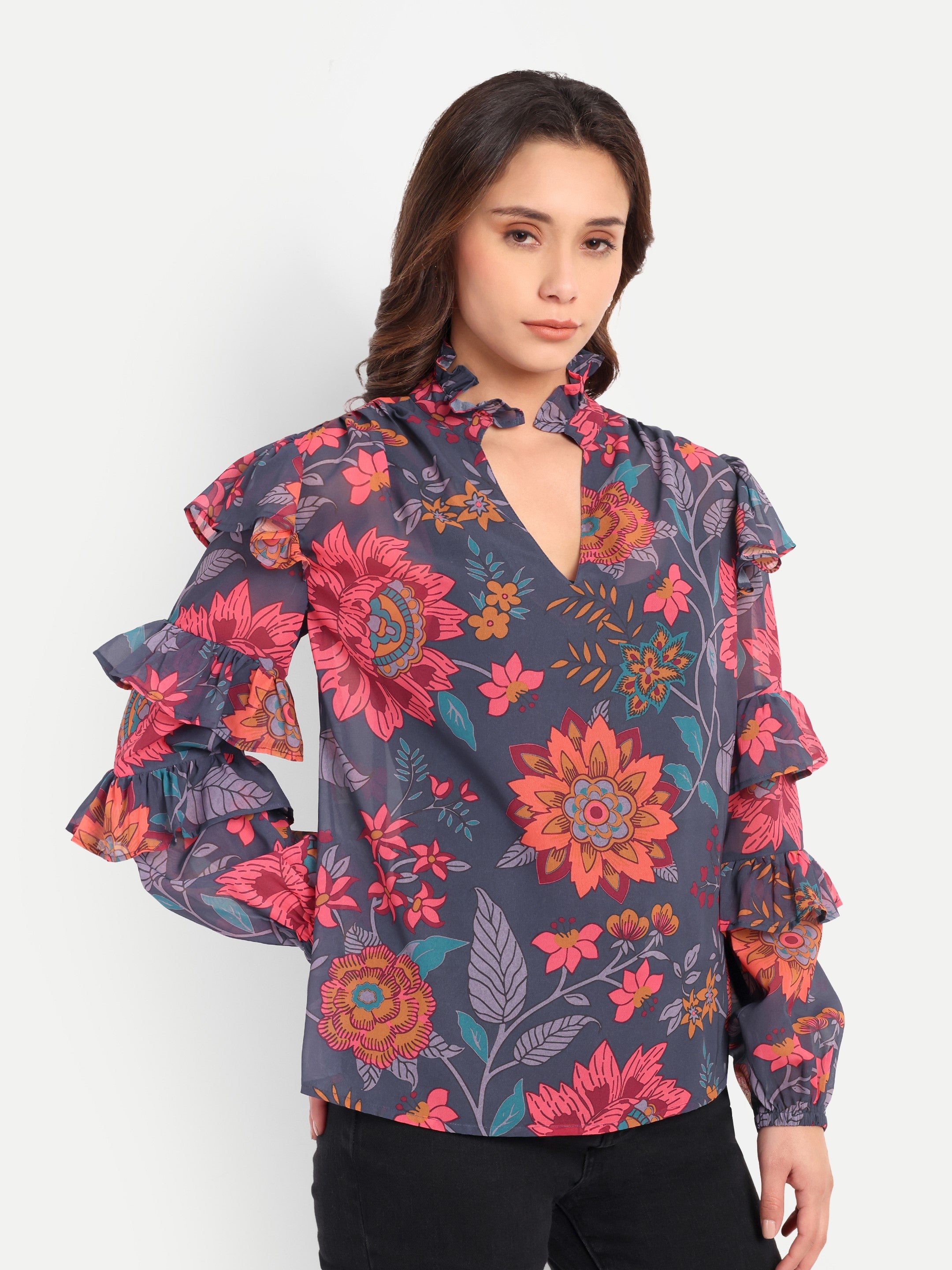 Midnight Bloom Ruffle Blouse