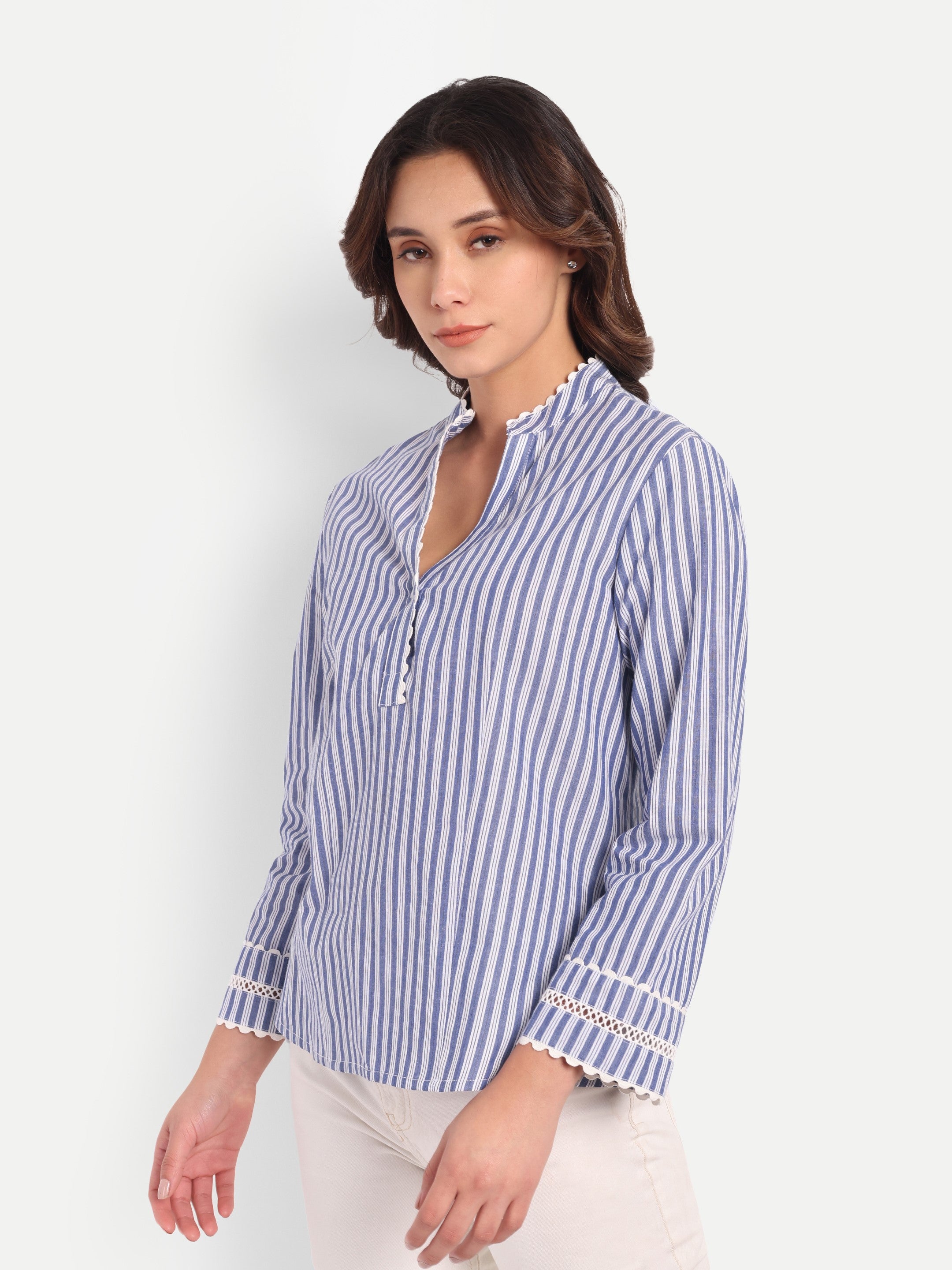 Harbor Stripe Mandarin-Collar Top