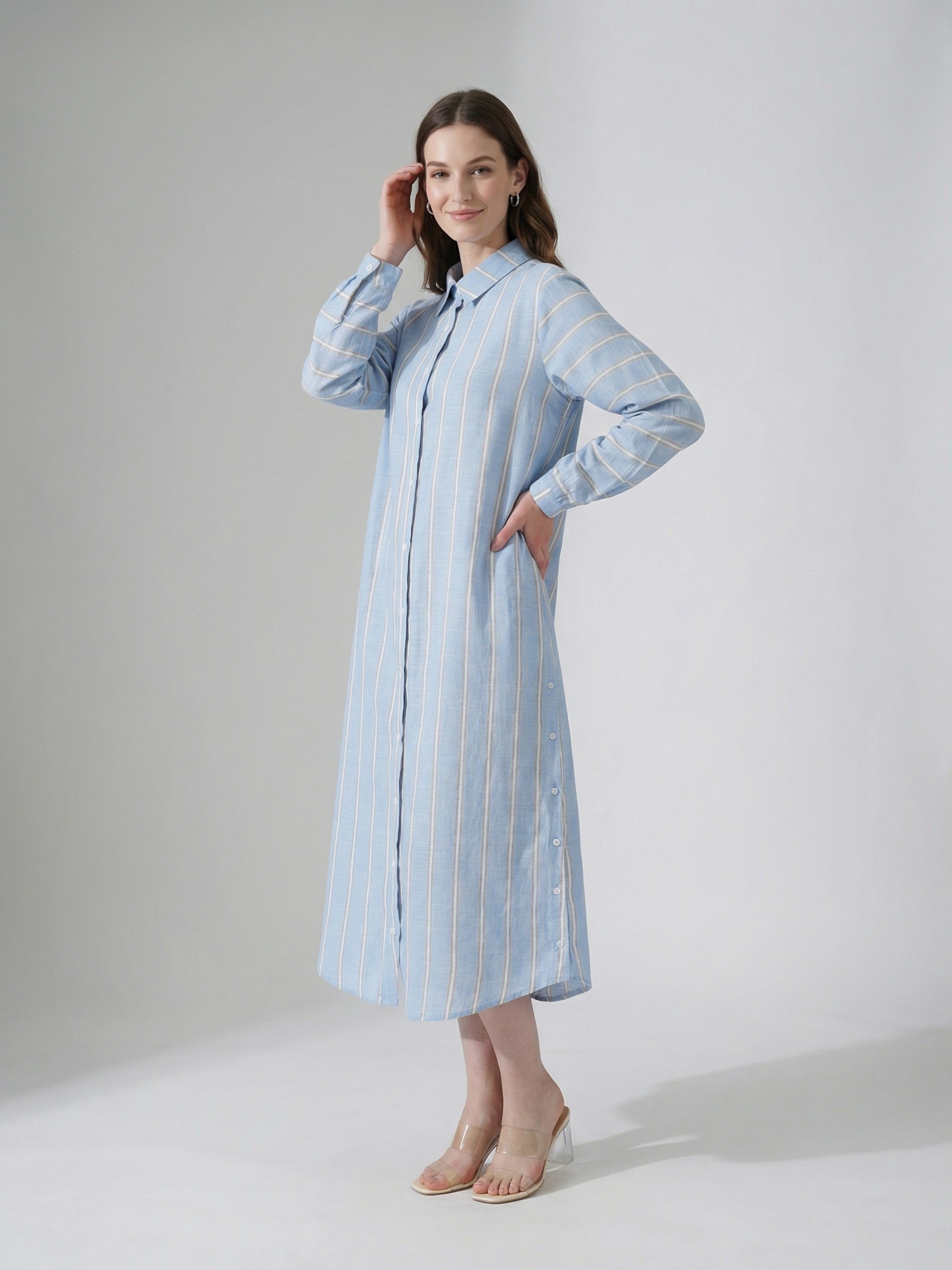 Blue Stripe Shirt Midi Dress
