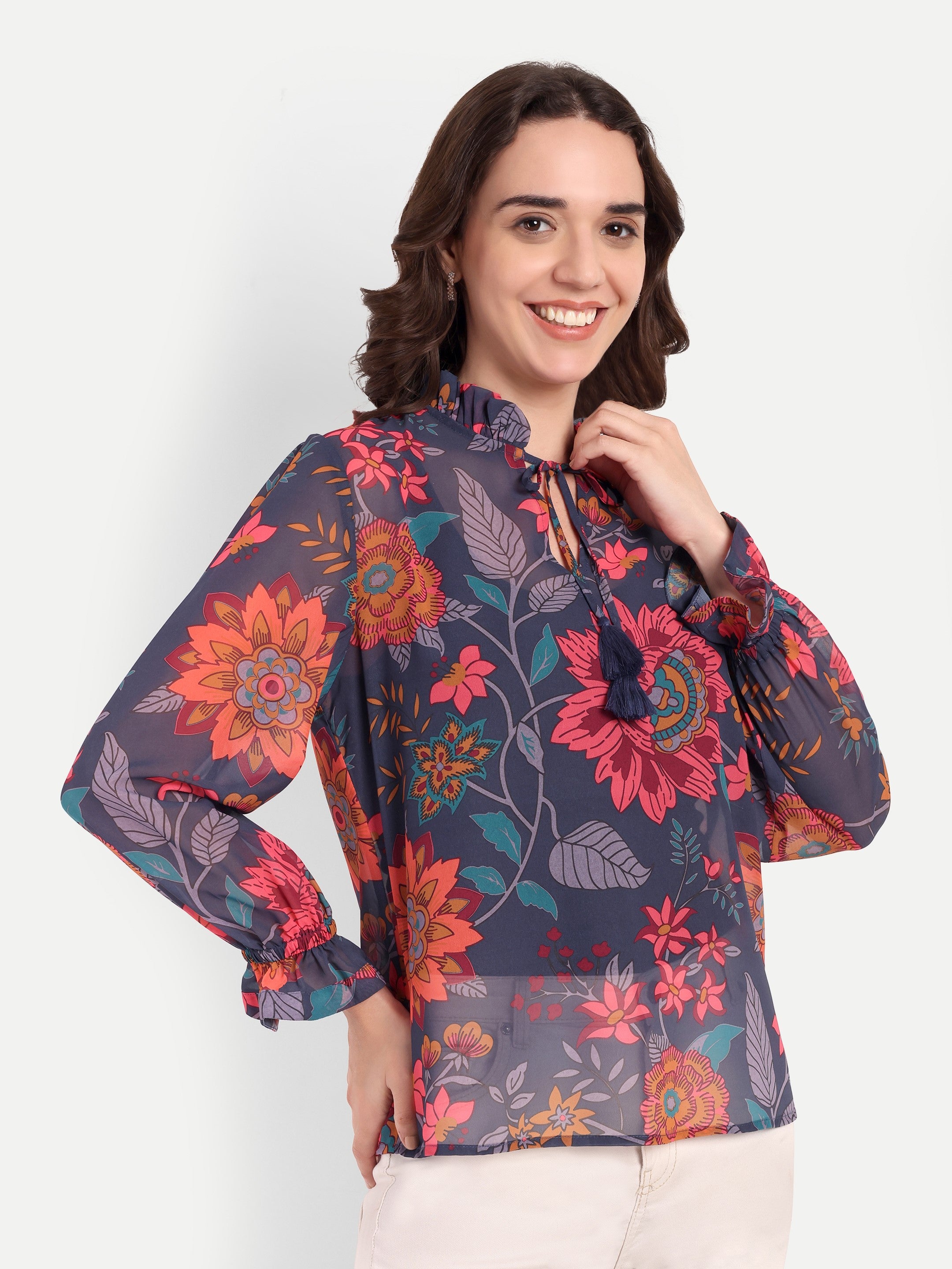 Midnight Bloom Ruffle Neck Top