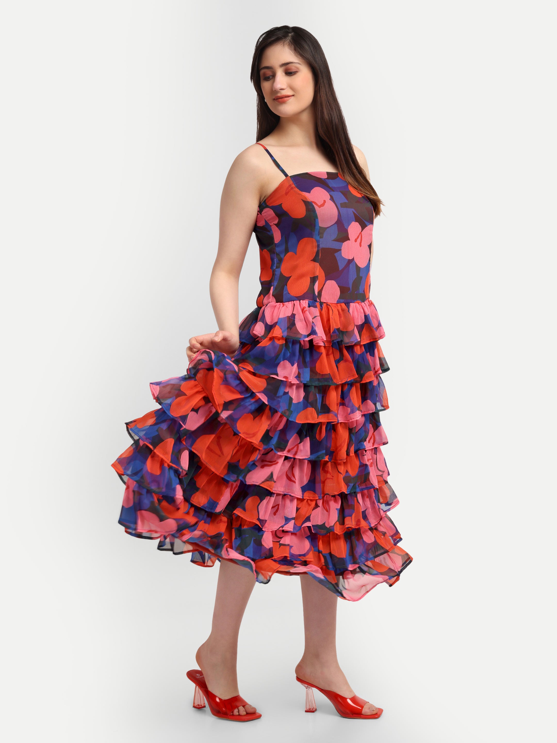 Scarlet Bloom Cascade Dress