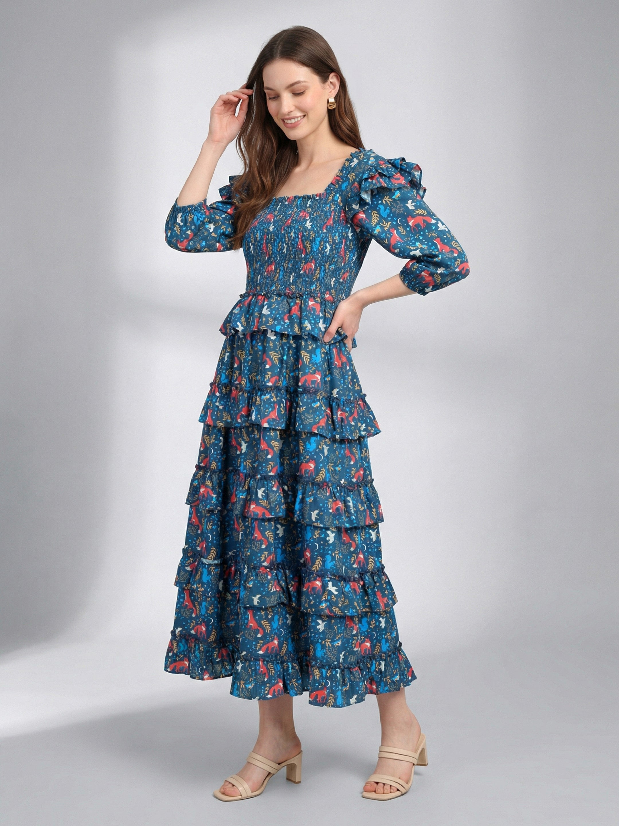 Midnight Woodland 
Smocked Midi Dress”