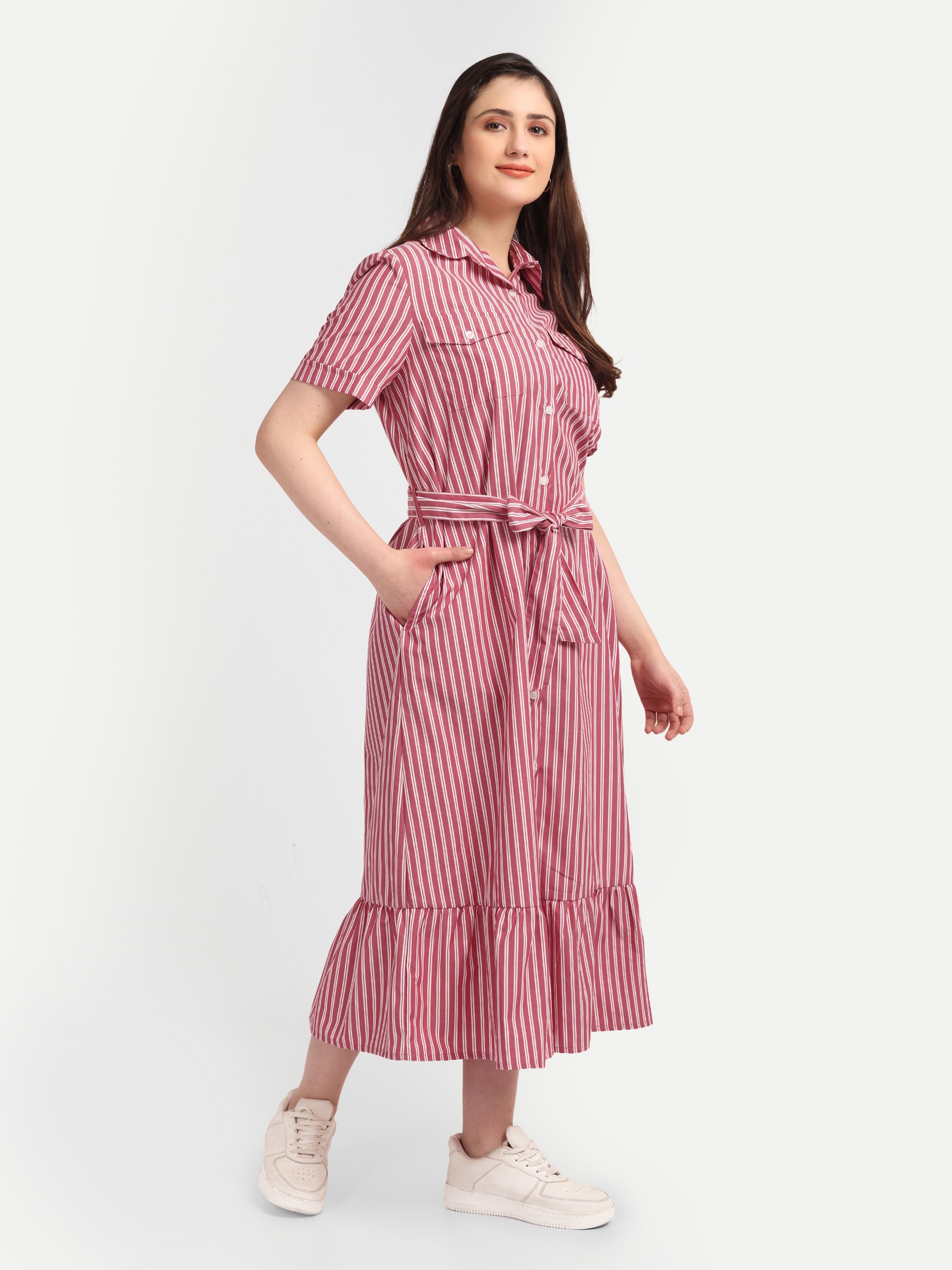 Classic Striped Shirt 
Midi Dress with Tie Belt