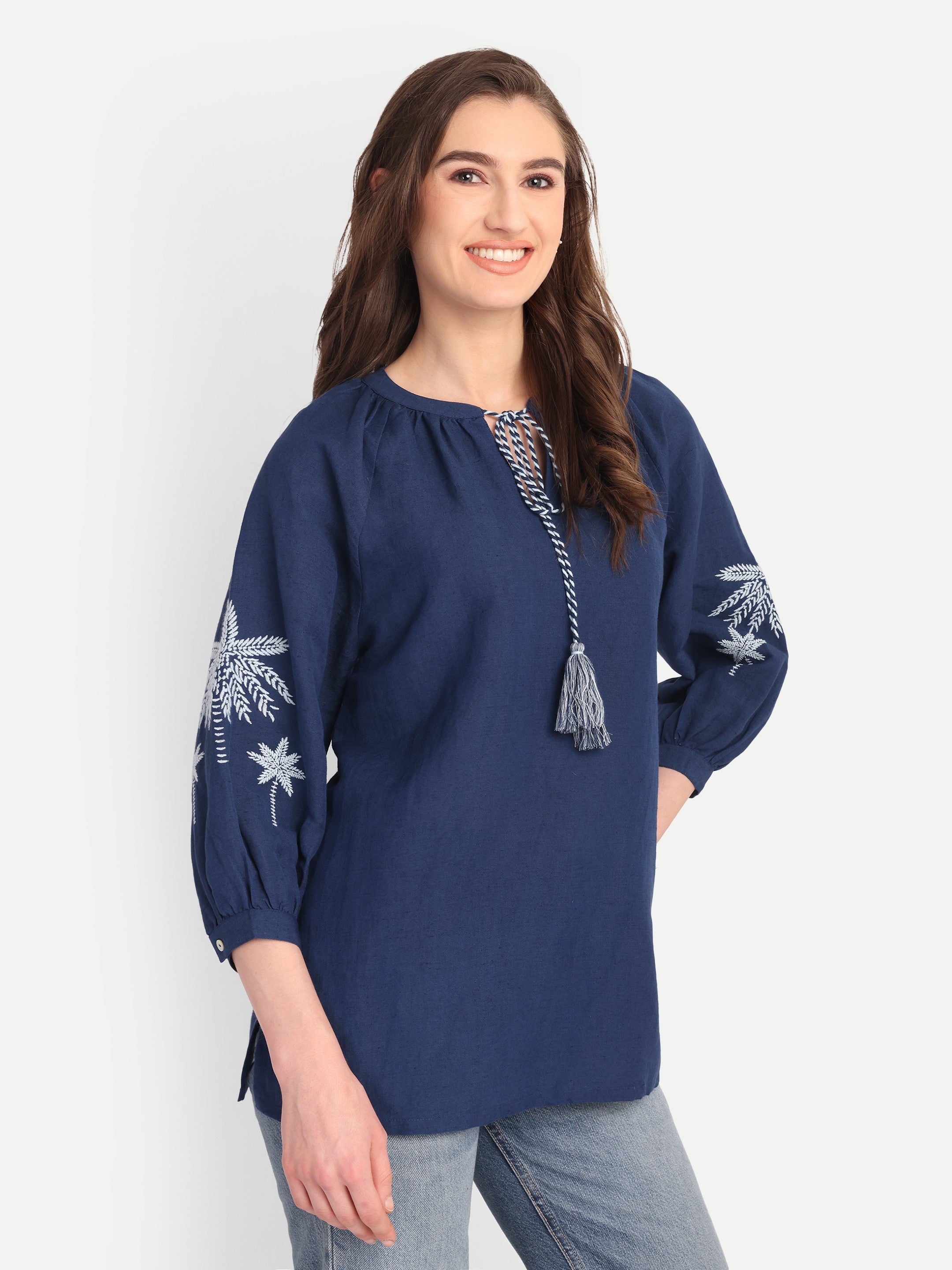 Indigo Fern Embroidered Top