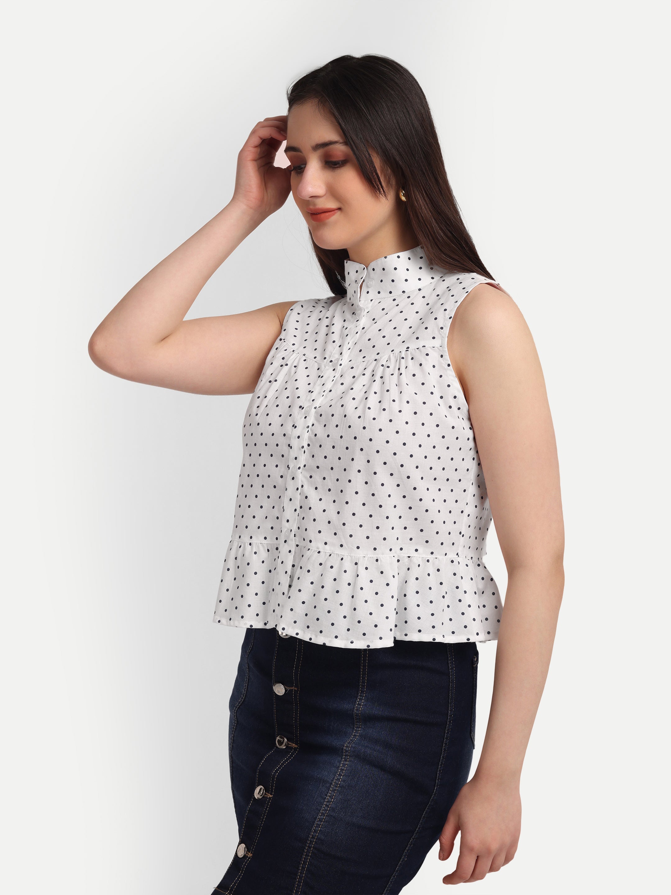 Polka Dot Peplum 
Sleeveless Shirt