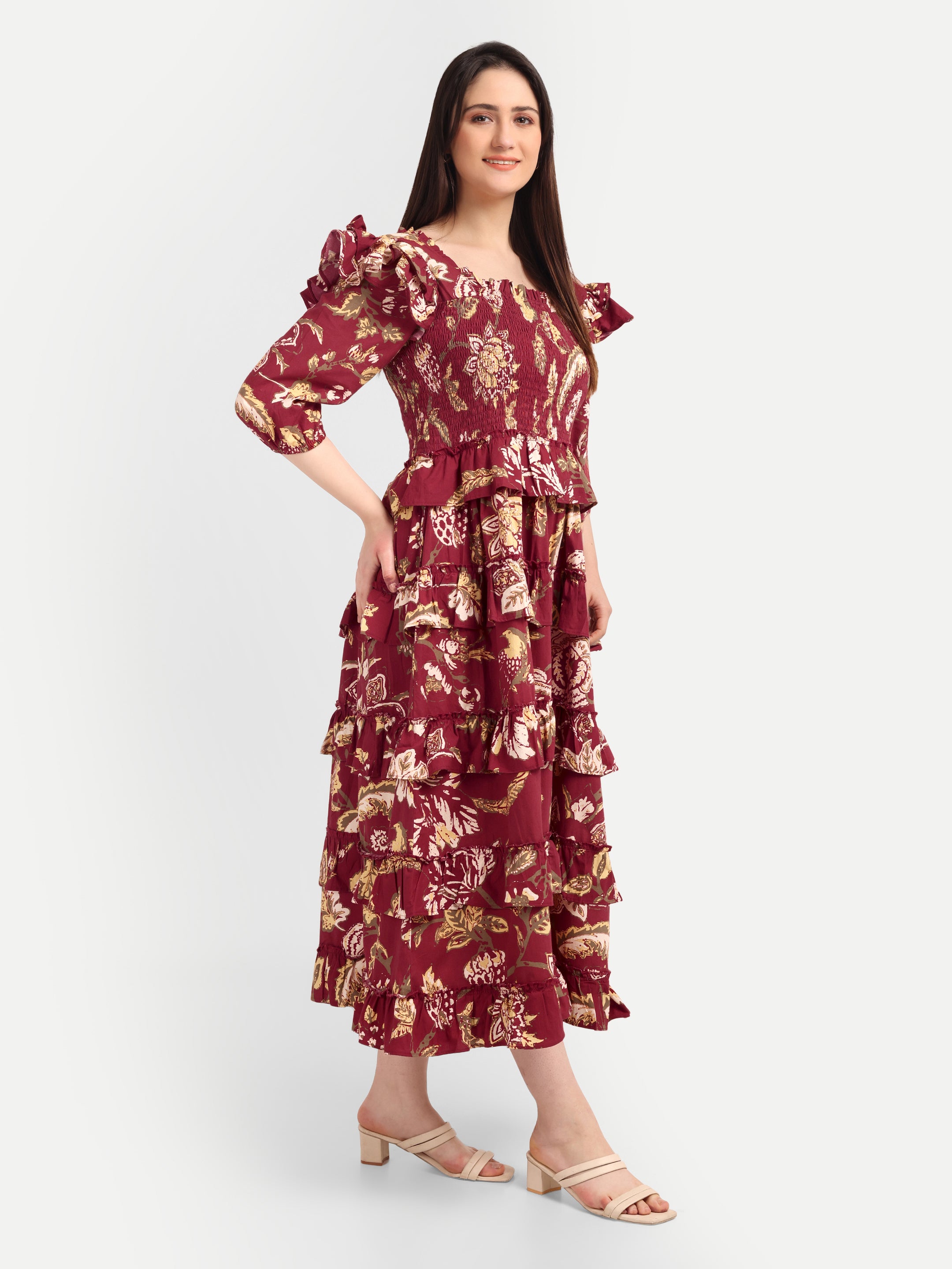 Burgundy Bloom Tiered Midi Dress