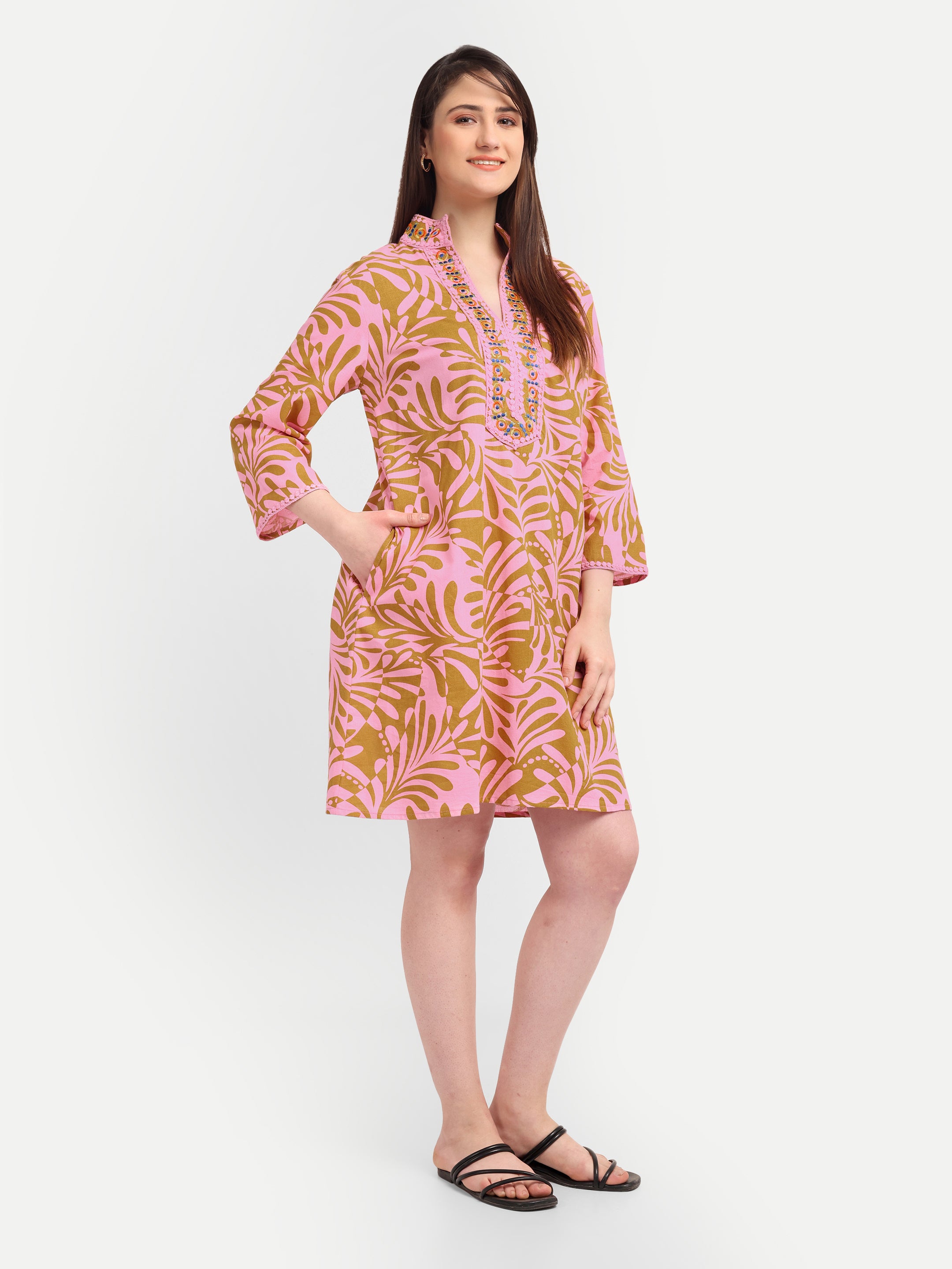 Pink Palm-Print 
Embroidered Dress