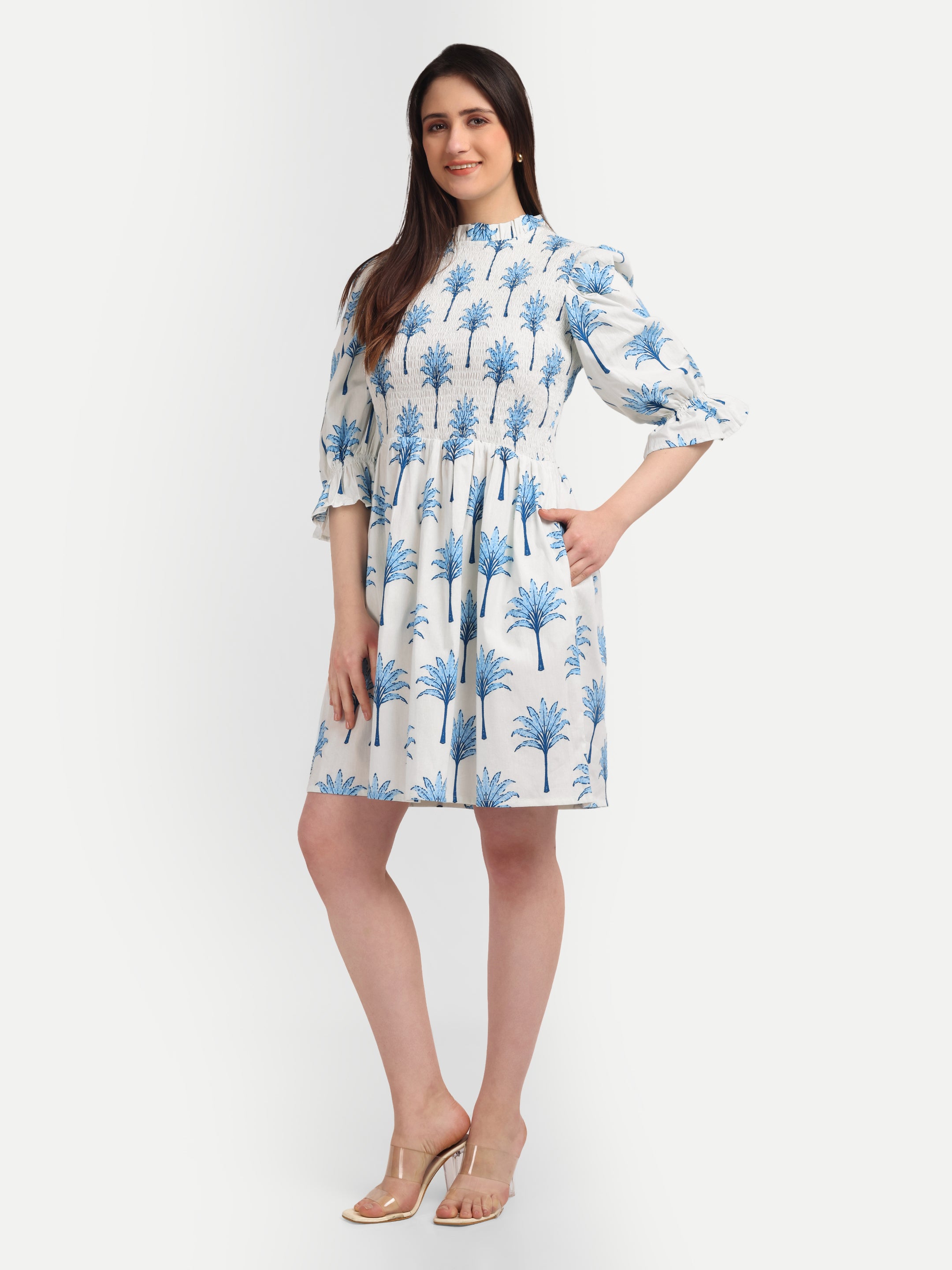 Blue Palm Smocked 
Midi Dress
