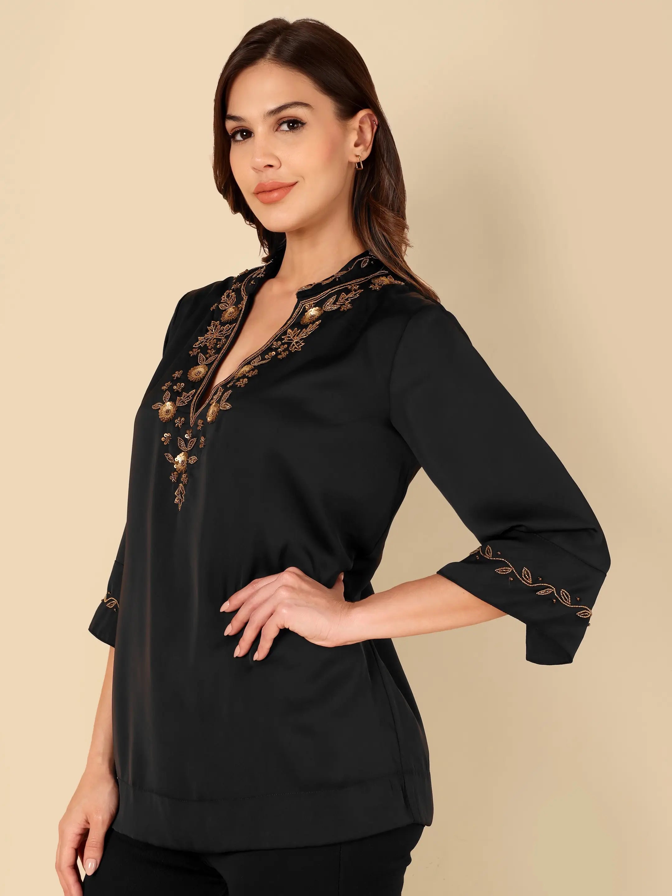 Black Poly Satin Embroidered Top