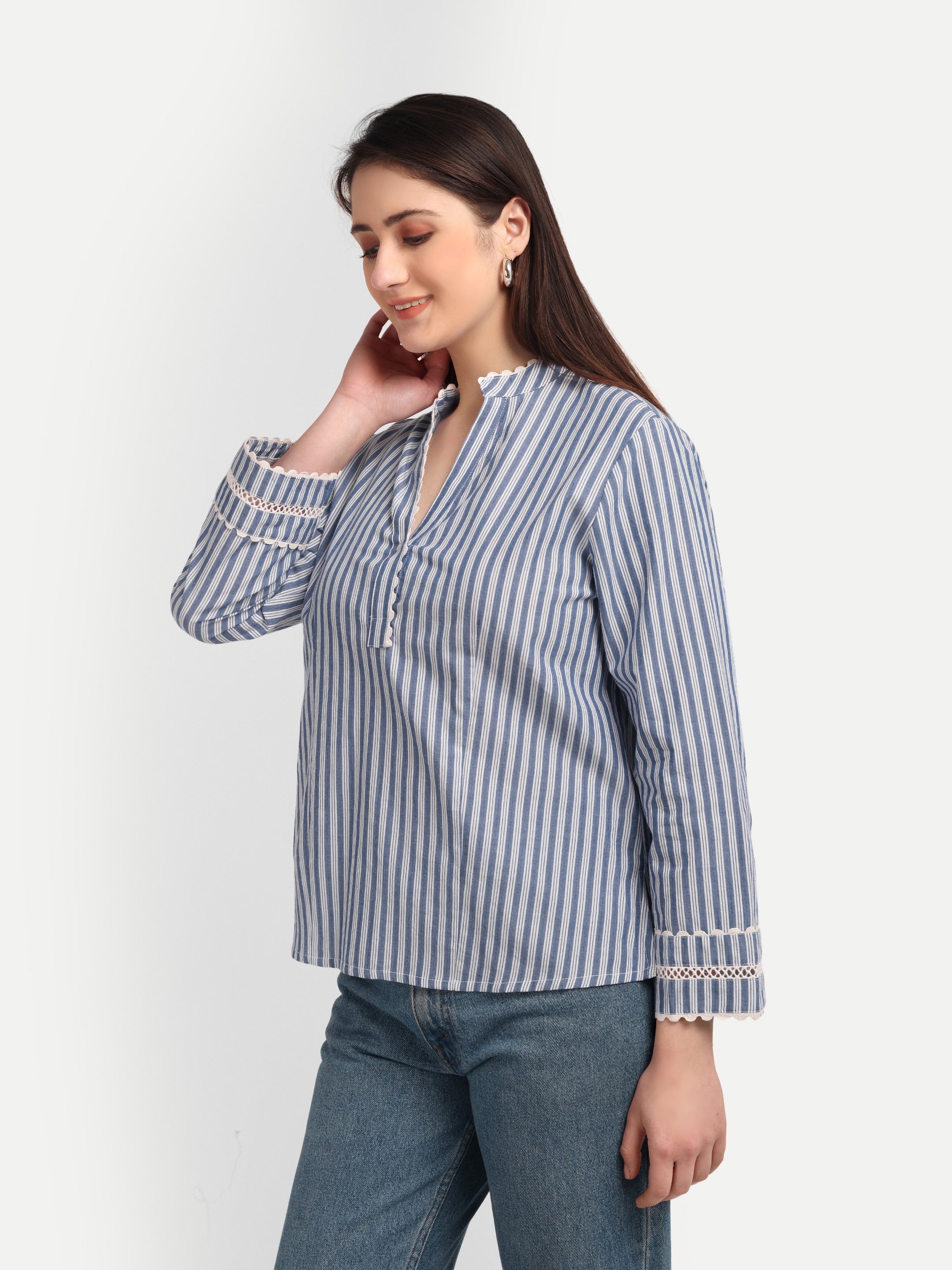 Blue Pinstripe Lace Detail Top